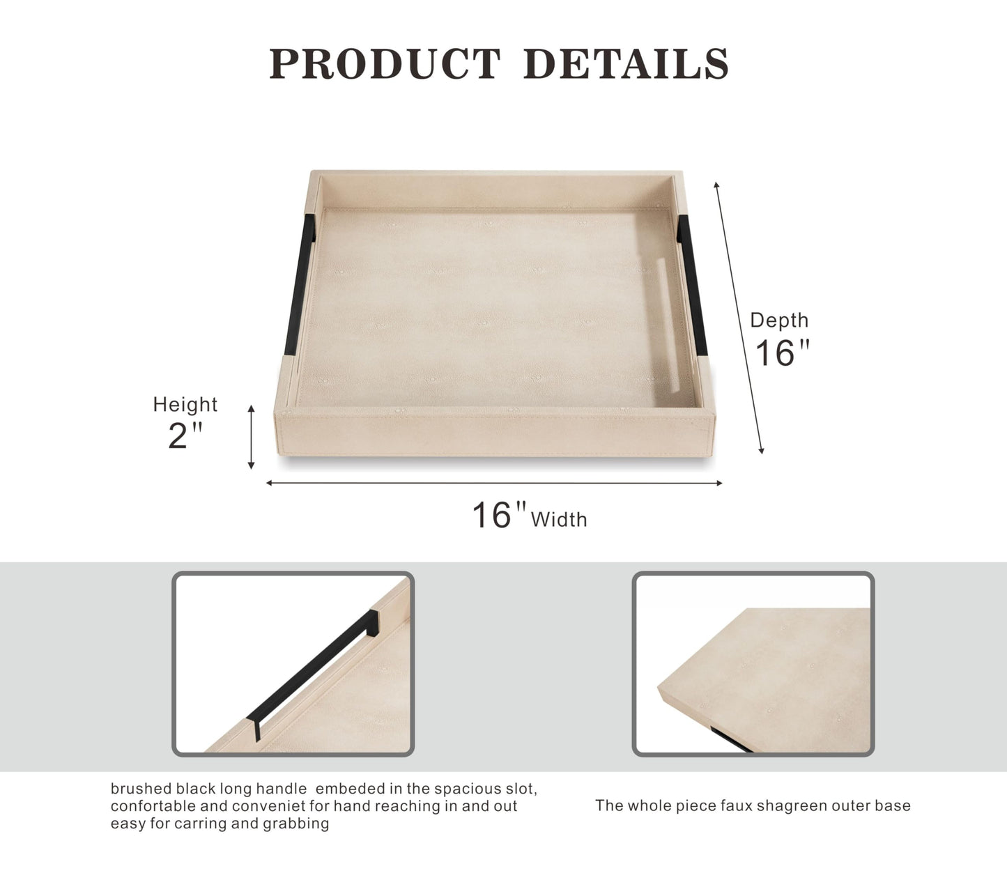 Sagala 16"x16" Ivory Shagreen Leather Serving Tray with Handles for Ottoman Coffee Table, Stylish Decorative Tray for Living Room Modern Home Decor (Ivory-Black, Square 16") BST220