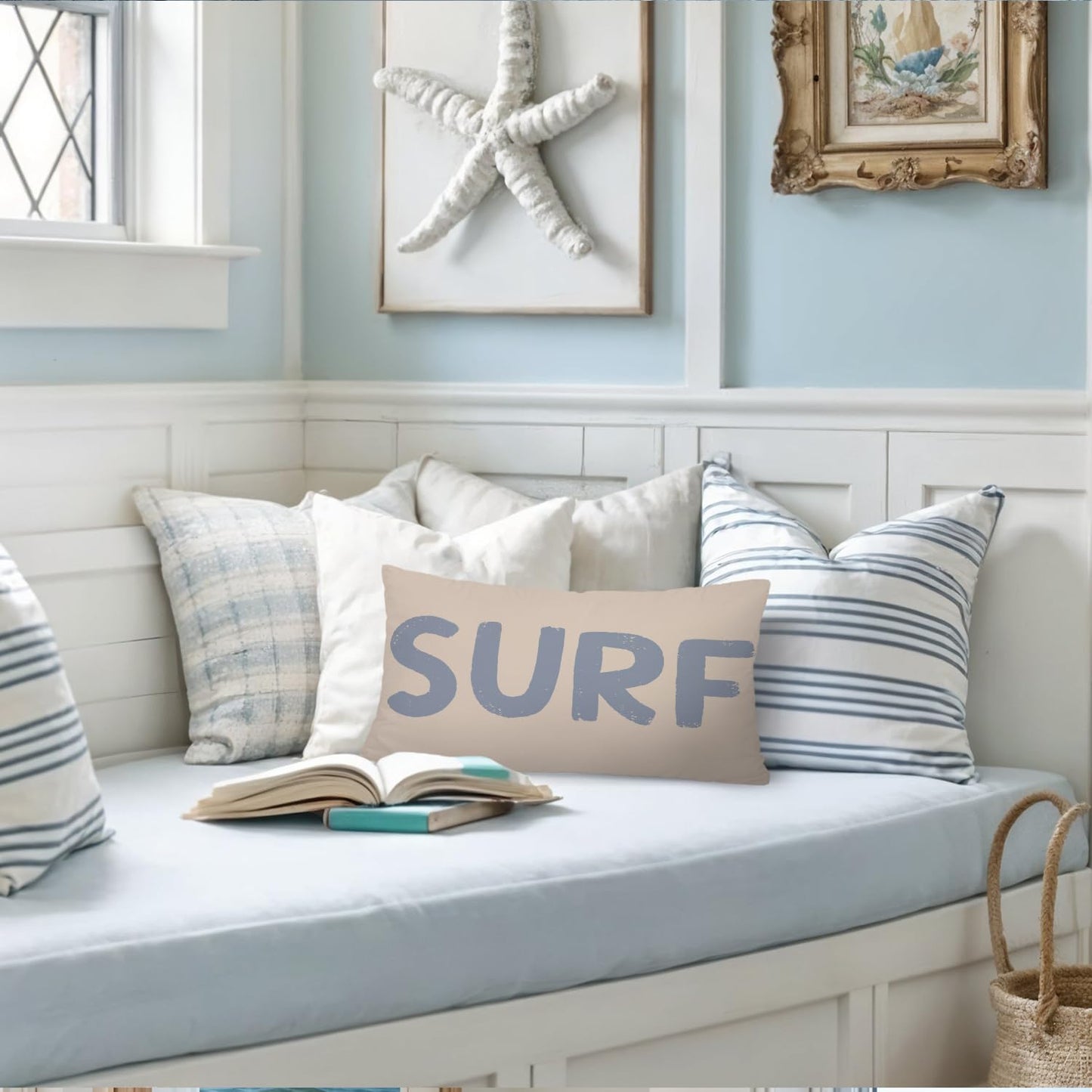 Coastal Beach Girly Room Decor 12x20 Pillow Cover, Preppy Beach Navy Blue Bikini Striped Decorative Lumbar Pillow Covers for Girls Bedroom College Dorm Sofa Couch BST326L