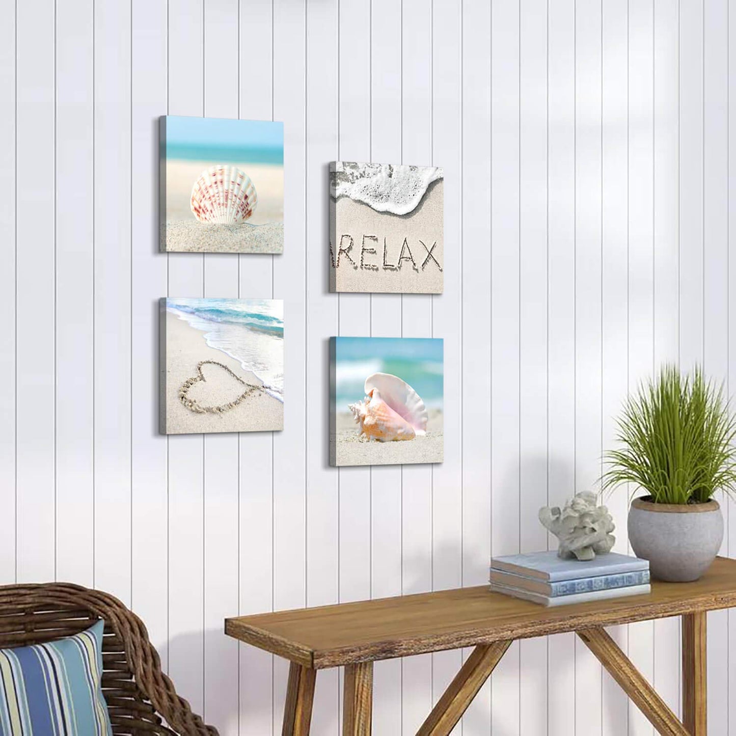 TAR TAR STUDIO Beach Seashells Artwork Canvas Pictures: Tropical Seaside Scene Painting Print for Wall (12" x 12" x 4 PCS, Multiple Style) BST220