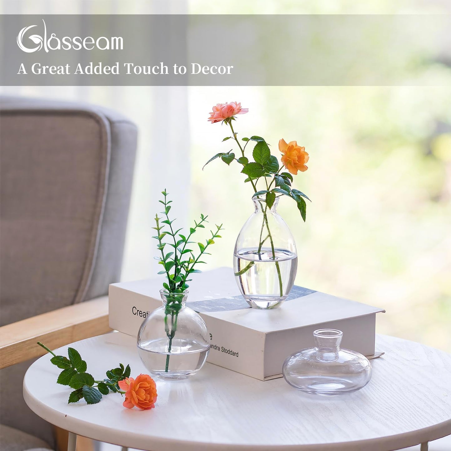 Glasseam Clear Glass Bud Vase, 3Pcs/Set Modern Decorative Small Mini Flowers Vases Short Minimalist Aesthetic Home Decor Vintage Cute Handmade Tiny Wedding Table Centerpieces for Single Flower Rose BST326H