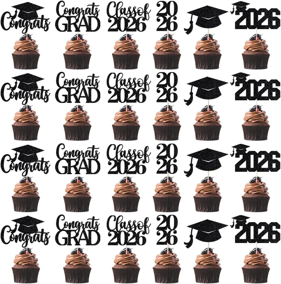 24Pcs Graduation Cupcake Topper, Glitter Class of 2026 Cupcake Topper Supplies for 2026 Congrats Grad Cap Diploma Cake Decor Graduate Celebration Party Cake Decorations Supplies (Black - 24) BST326L