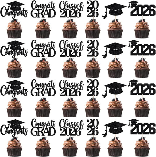 24Pcs Graduation Cupcake Topper, Glitter Class of 2026 Cupcake Topper Supplies for 2026 Congrats Grad Cap Diploma Cake Decor Graduate Celebration Party Cake Decorations Supplies (Black - 24) BST326L