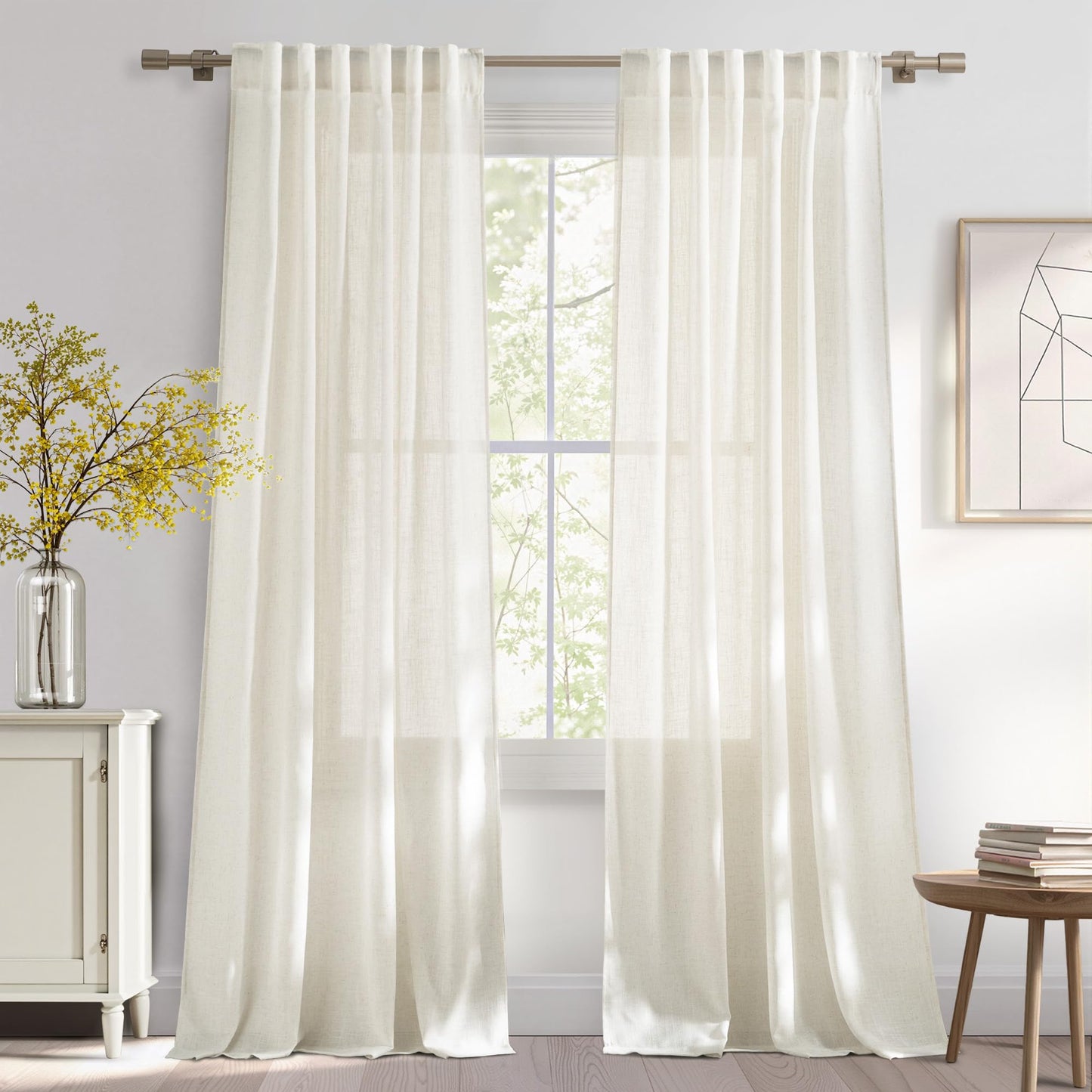 NICETOWN White Semi Sheer Kitchen Curtains 30 inch Length, Rod Pocket & Back Tab Faux Linen Blend Privacy with Light Filtering Window Drapes for Cafe, W34 x L30, 2 Panels BST220