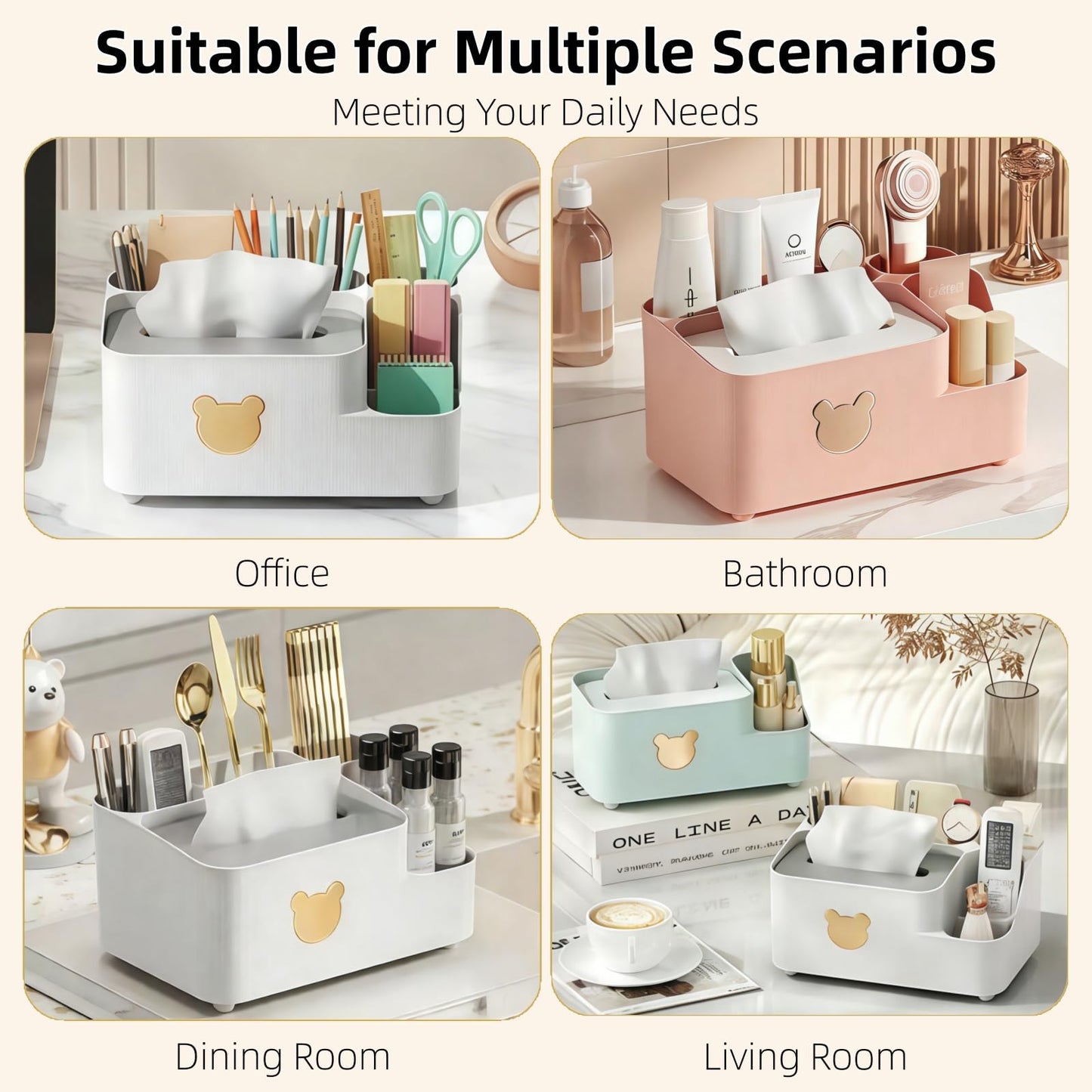 Multifunctional Tissue Box Cover with Storage,Square Tissue Box Holder and Remote Box,Modern Cube Tissue Cover Bedside Organizer for Nightstand End Table. BST220