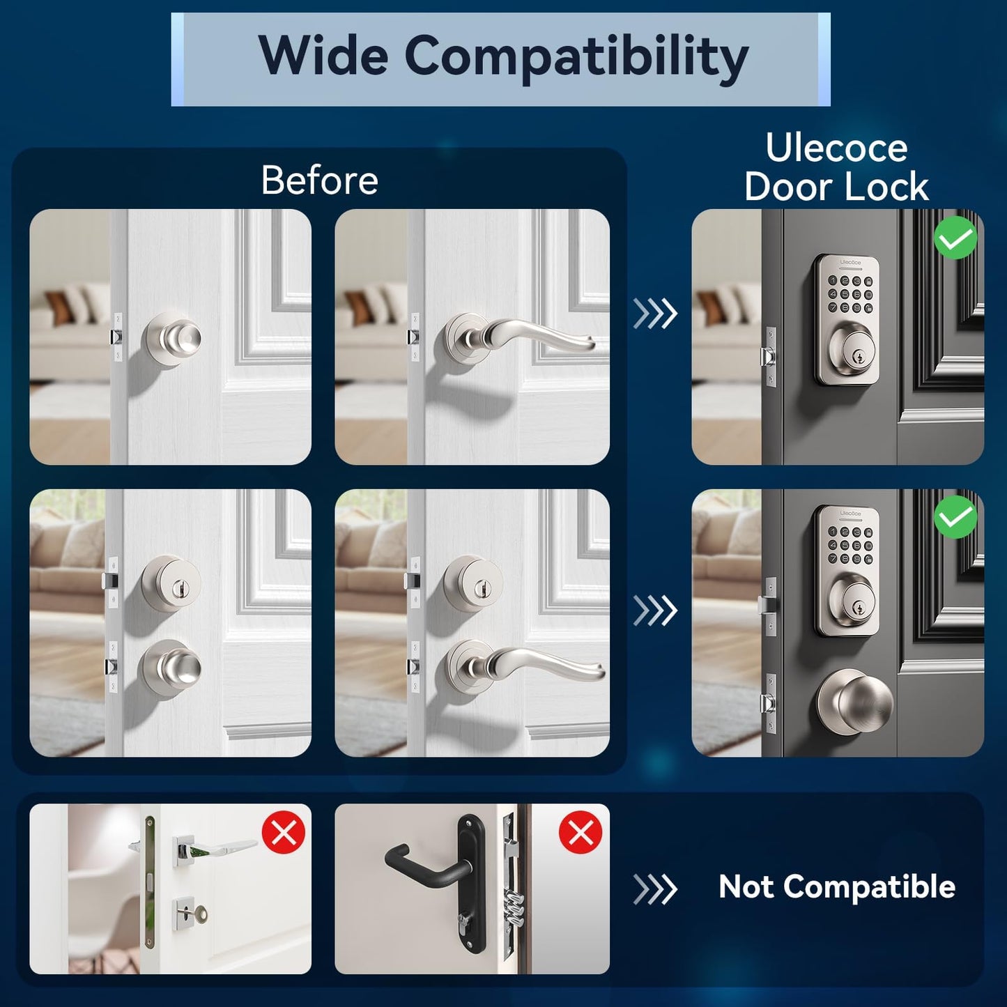 Ulecoce Keyless Entry Door Lock with Knob Set, Door Locks for Front Door with Handle Set, Auto Lock, One-Touch Lock, 100 Codes ＆ 3 Keys, Anti-Peeping Password, Easy Installation, Black