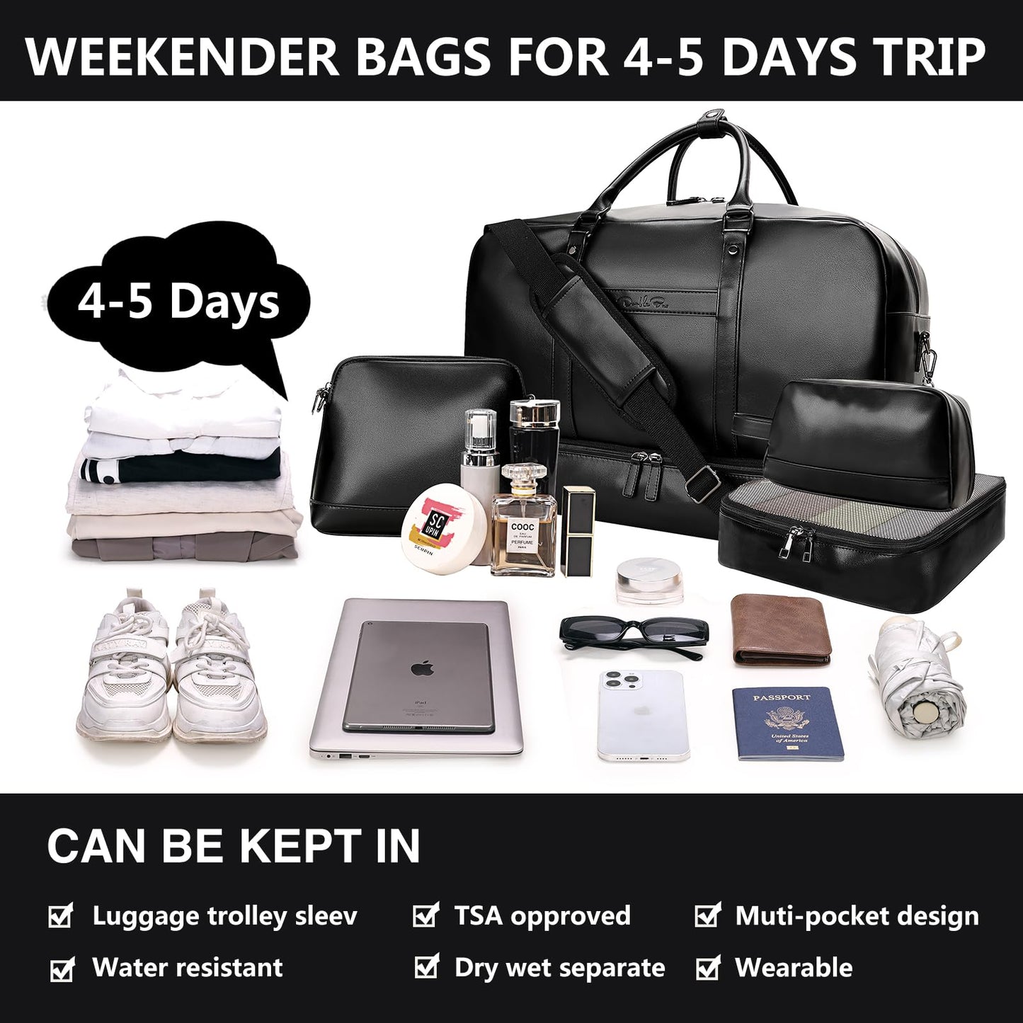 Large 4-in-1 Leather Duffle Bag for Travel Weekender Overnight Hospital Gym Bag for Men & Women, Carry On Airline Approved Personal Item Duffel Garment Bag Luggage with Shoe Compartment & Toiletry Bag BST326H