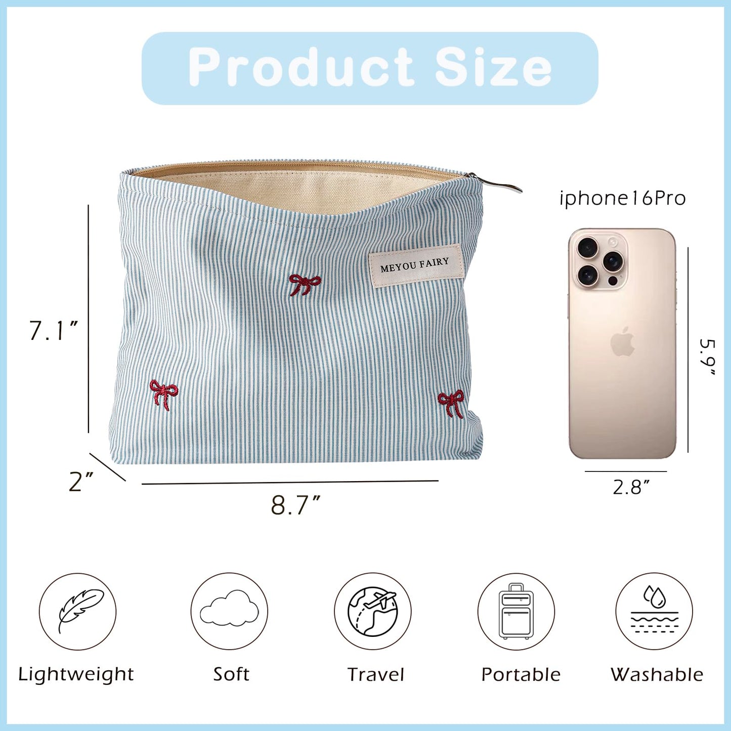 RSRSLEII Striped Makeup Bag for Women, White Cosmetic Bag with Bow, Travel Toiletry Cosmetic Bag with Zipper, Cute Women Aesthetic Organizer Storage Pouch, Girls Handbags Purses (06 White Stripe Bow) BST220