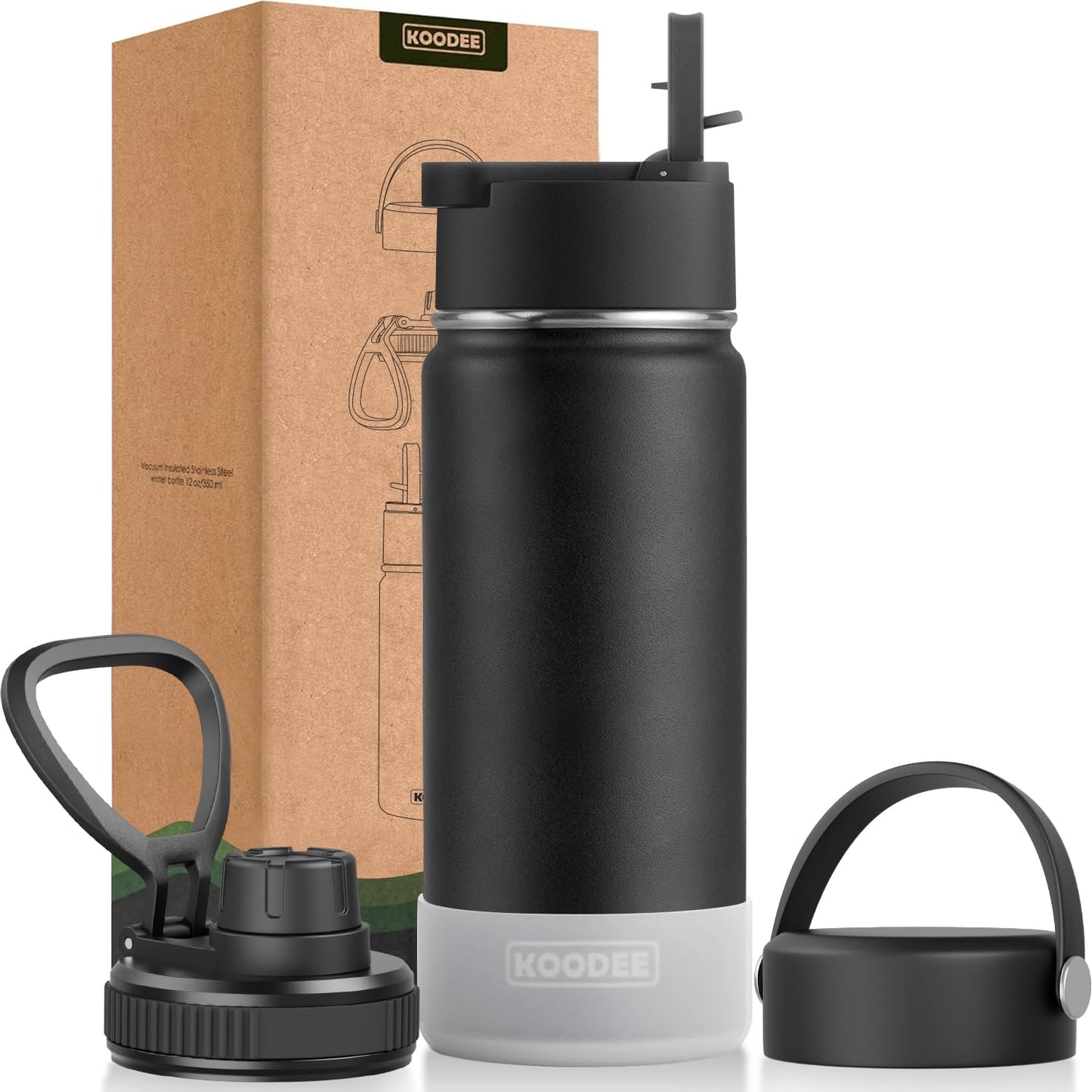 koodee Water Bottle-12 oz Stainless Steel Double Wall Vacuum Insulated Water Bottle for School-Wide Mouth Flask with Straw Lid (Teal) BST220