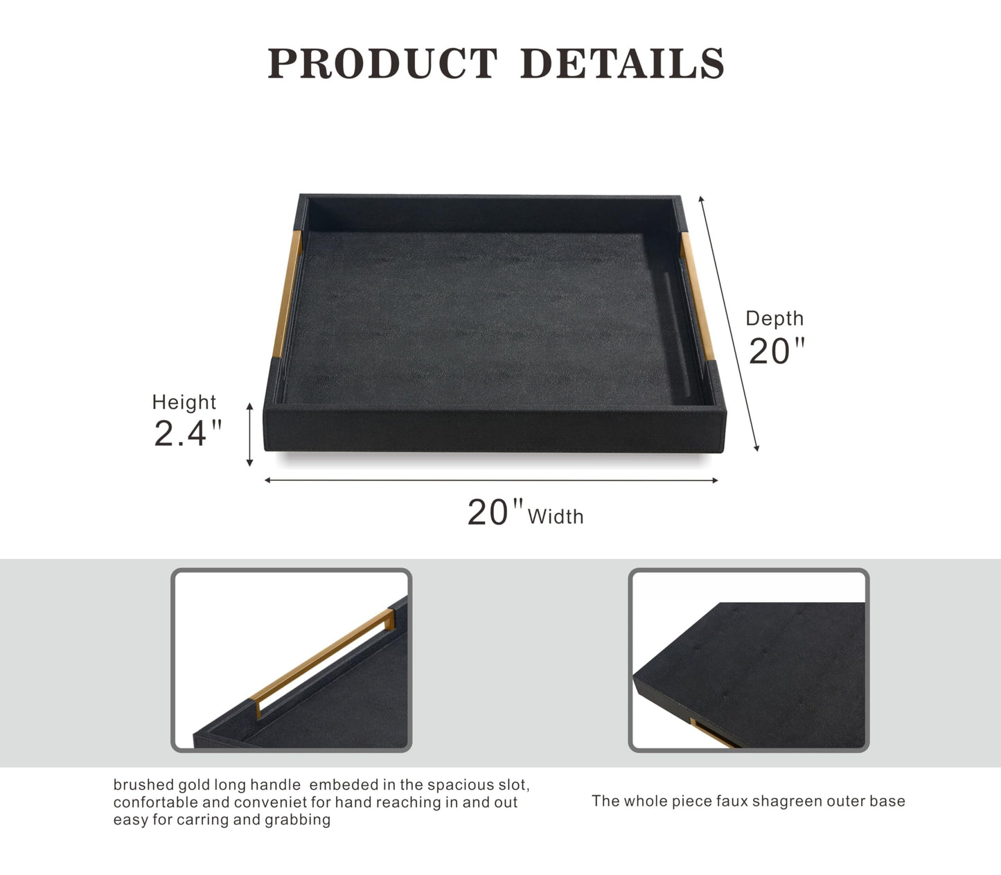 Sagala 16"x16" Ivory Shagreen Leather Serving Tray with Handles for Ottoman Coffee Table, Stylish Decorative Tray for Living Room Modern Home Decor (Ivory-Black, Square 16") BST220