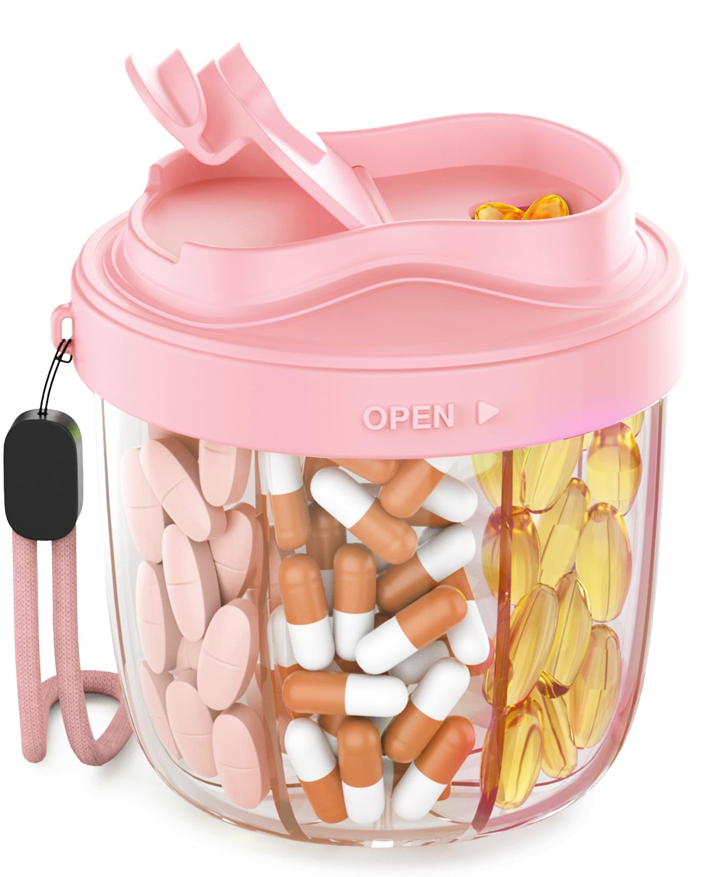 Cute Pill Organizer,Pill Dispenser with 7 Large Compartments,Portable Pill Bottle Box with Wide Opening for Easy Use, Anti-Mix Pills Organizer for Travel,Includes 20 Pcs Sticky Labels(Black) WN420