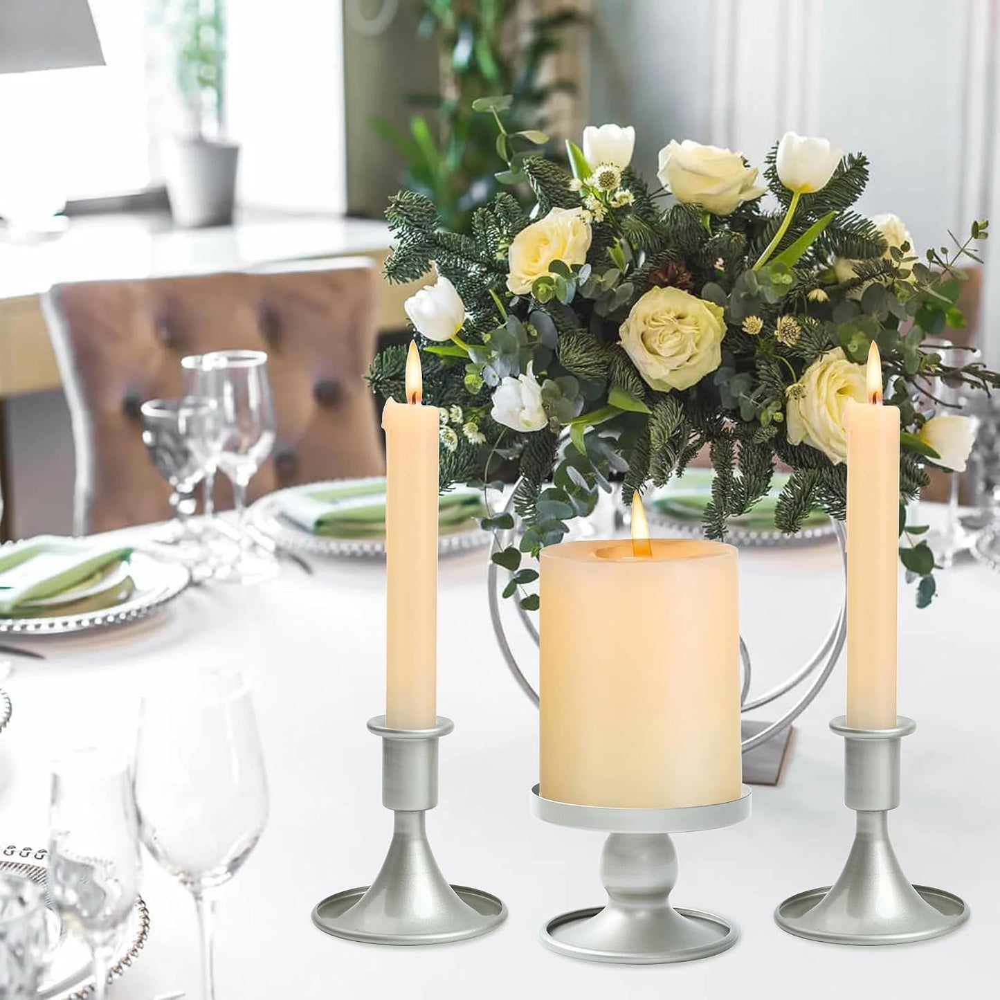 Unity Candle Holder - Unity Candle Holders for Weddings, Metal Unity Candlestick Holder Set of 3, Decorative Unity Candle Stand for Wedding Ceremony Table Centerpiece Decoration Gift (Silver) BST202