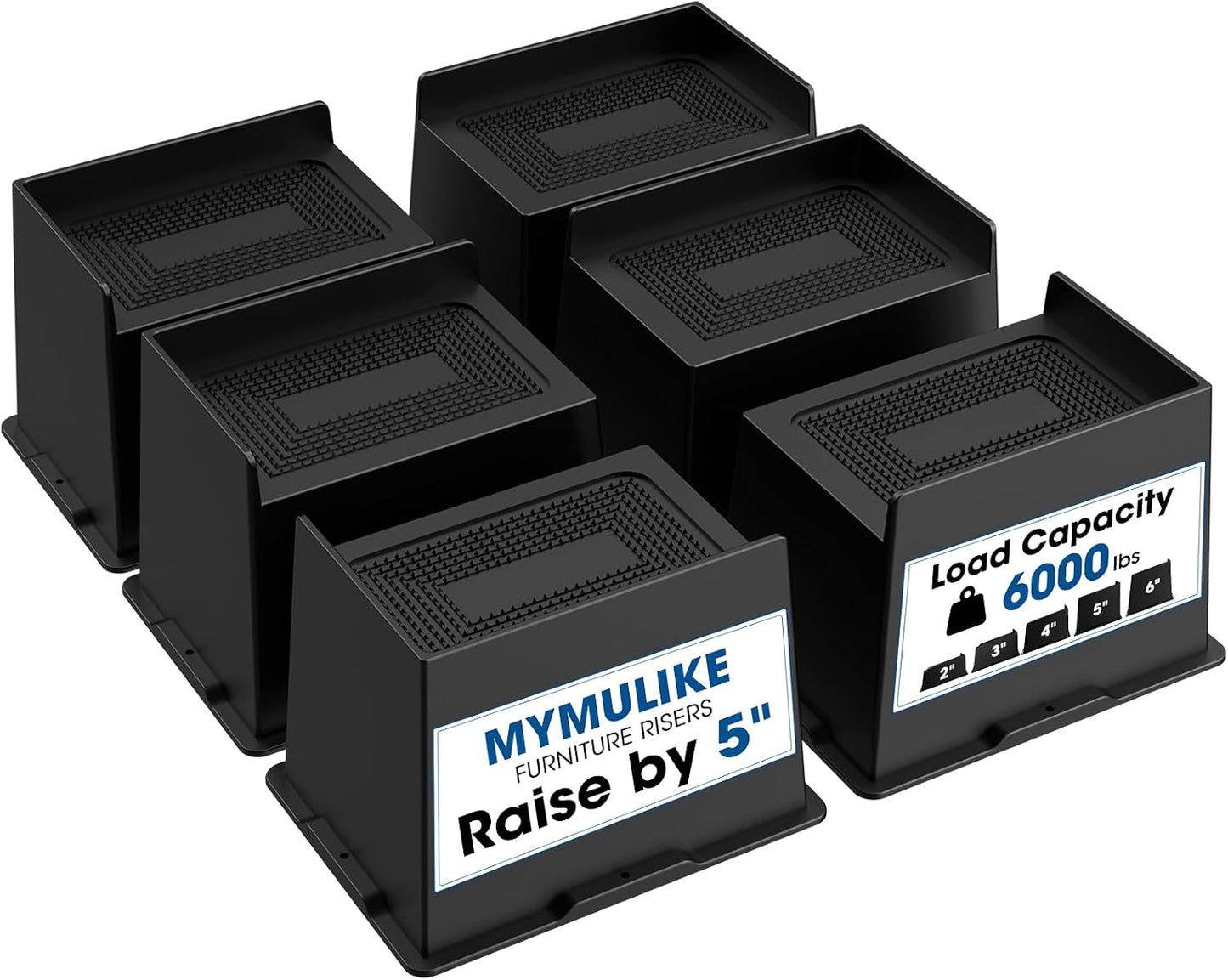 MYMULIKE Bed Risers 5 Inch Heavy Duty, Oversized Furnitures Risers 5 inch Support 6000 lbs, Bed Table Rising Blocks, Fits for Couch, Sofa, Chair, Furniture Lifts (Black 6 Pack) BST202