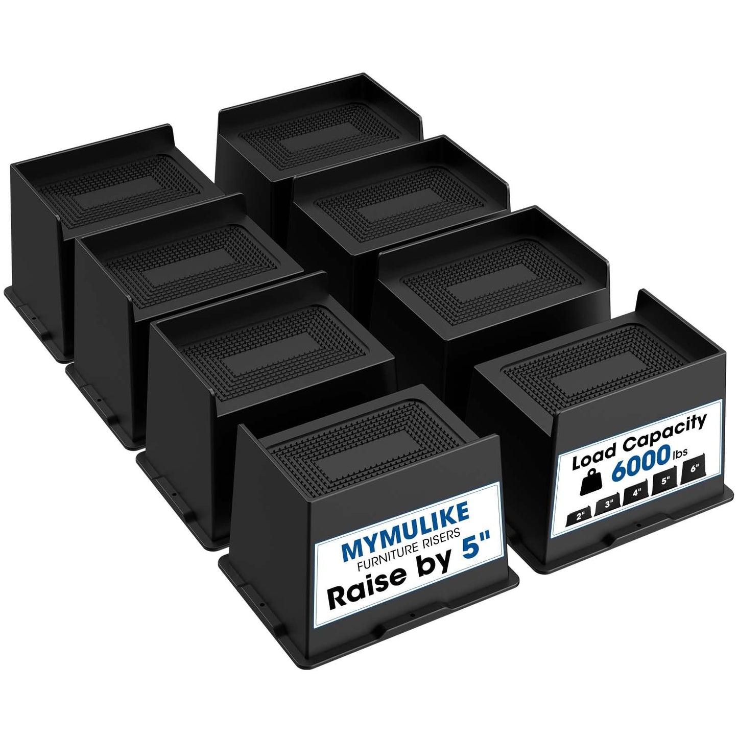 MYMULIKE Bed Risers 5 Inch Heavy Duty, Oversized Furnitures Risers 5 inch Support 6000 lbs, Bed Table Rising Blocks, Fits for Couch, Sofa, Chair, Furniture Lifts (Black 6 Pack) BST202