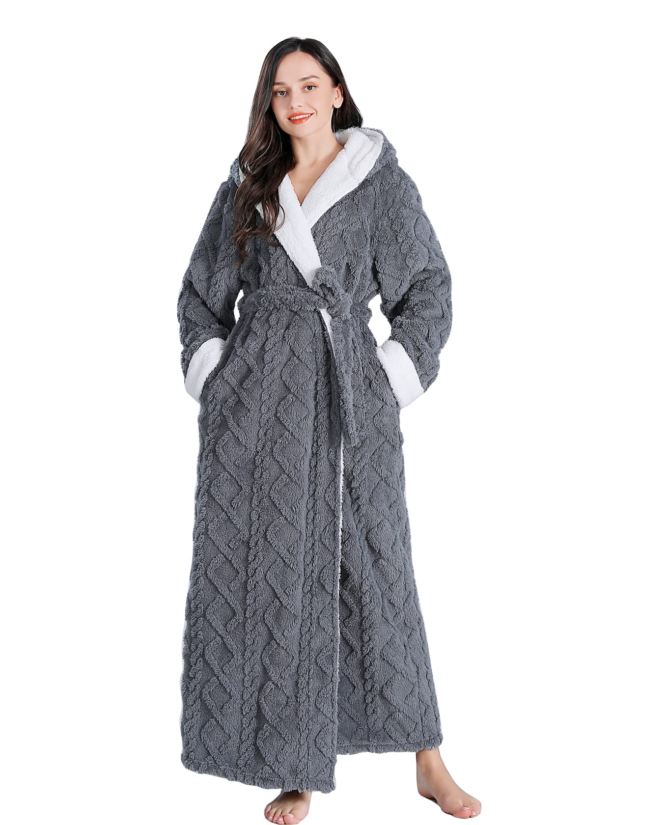 LKG women's robes long plush hooded ladies shower luxury christmas warm fuzzy robes house coat bathrobe for women full length WN420