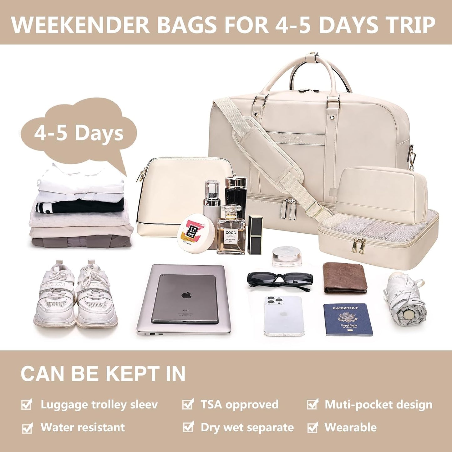 Large 4-in-1 Leather Duffle Bag for Travel Weekender Overnight Hospital Gym Bag for Men & Women, Carry On Airline Approved Personal Item Duffel Garment Bag Luggage with Shoe Compartment & Toiletry Bag BST326H