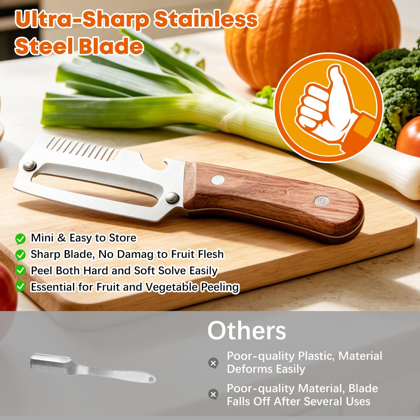 Left & Right Hand Vegetable Peeler Set with Bottle Opener, Thickened Stainless Steel Wide Blade for Smooth Peeling, Wooden Handle Kitchen Peeler for Fruits & Vegetables BST326L