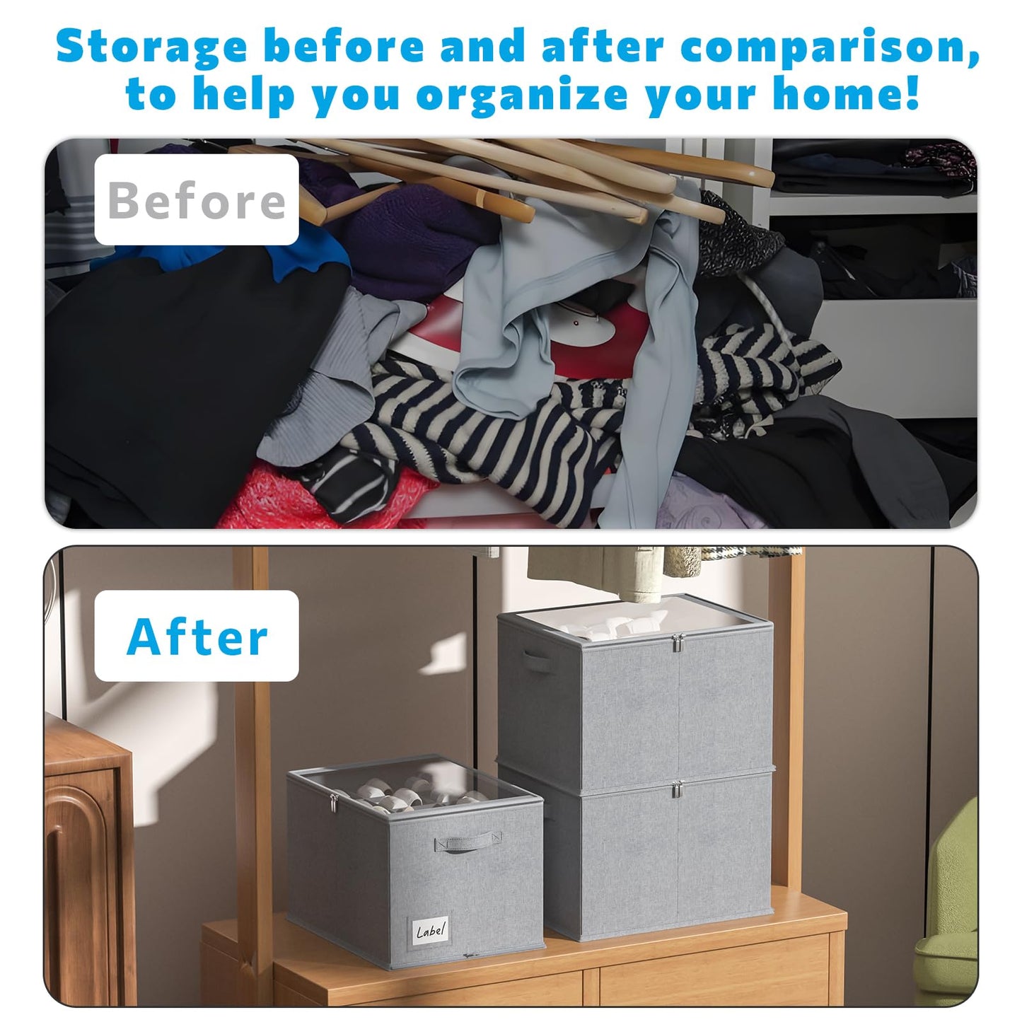 2 Pack Shoe Organizer for Closet - Shoe Storage Bins with Clear Cover, Fabric Shoe Storage Containers with Reinforced Handles, Fits up to 24 Pairs (Black, 16.5 * 12.6 * 12.2in) BST326H
