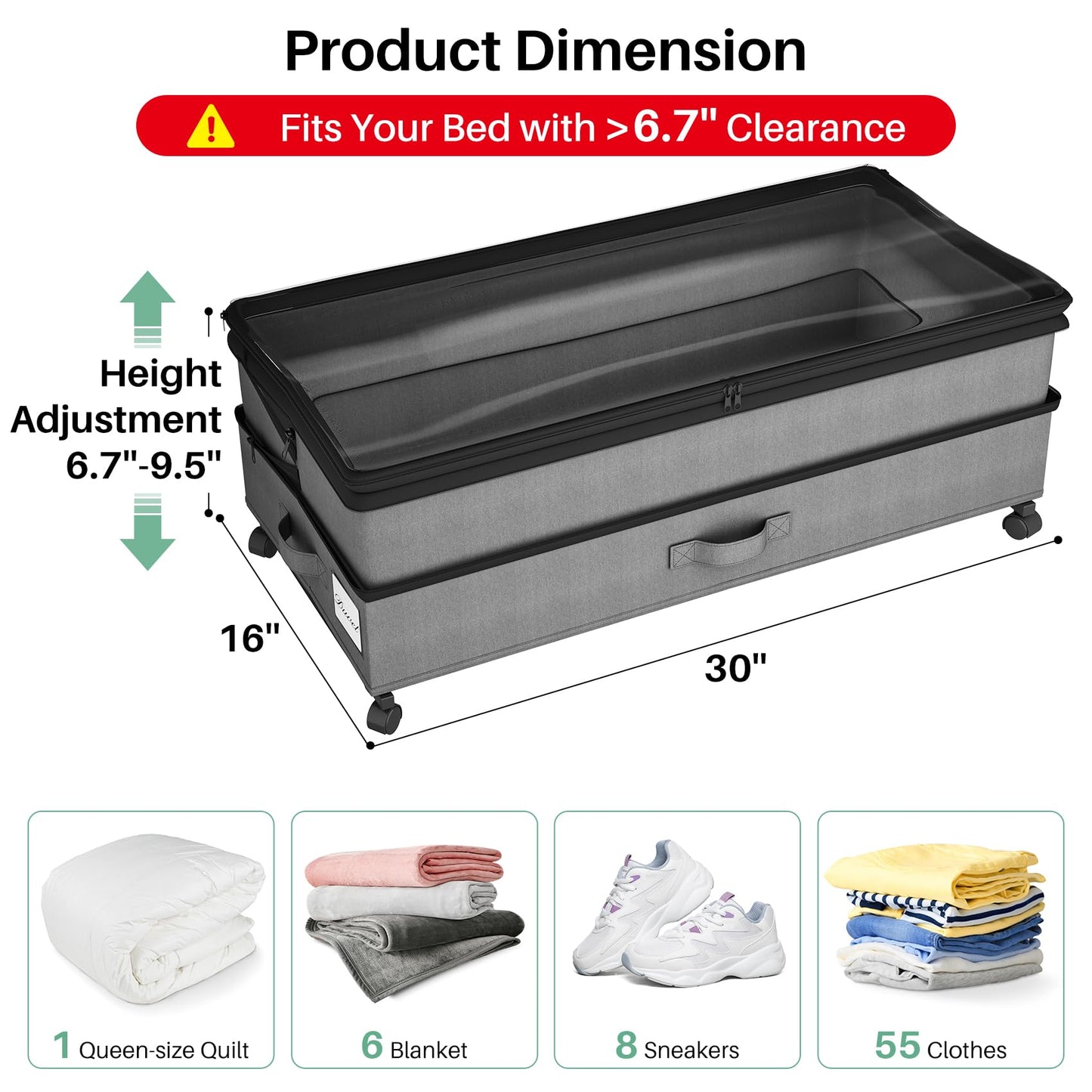 Kitstorack Under Bed Storage with Wheels 2Pack Height-adjustable Under Bed Storage Containers,Under Bed Shoe Storage Organizer with Clear Window&Label, Suitable for Clothes Storage, Gray