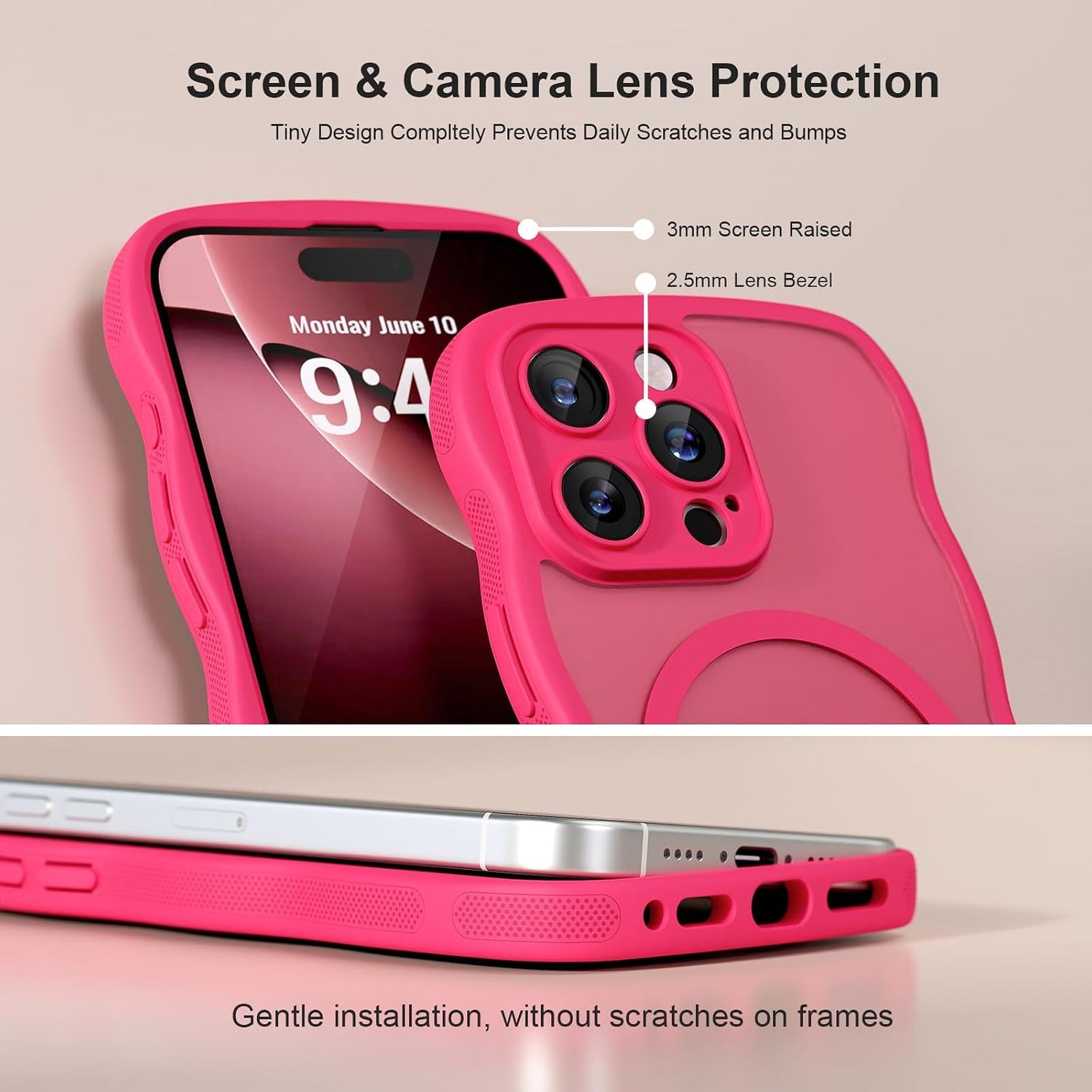 QVLANG Case for iPhone 16 Pro Max, Cute Wave Cover Case, Upgraded[Full Camera Protection][Compatible with Magsafe][Military Grade Protection][Translucent Matte] Phone Case for Women Girls, Hot Pink WN420