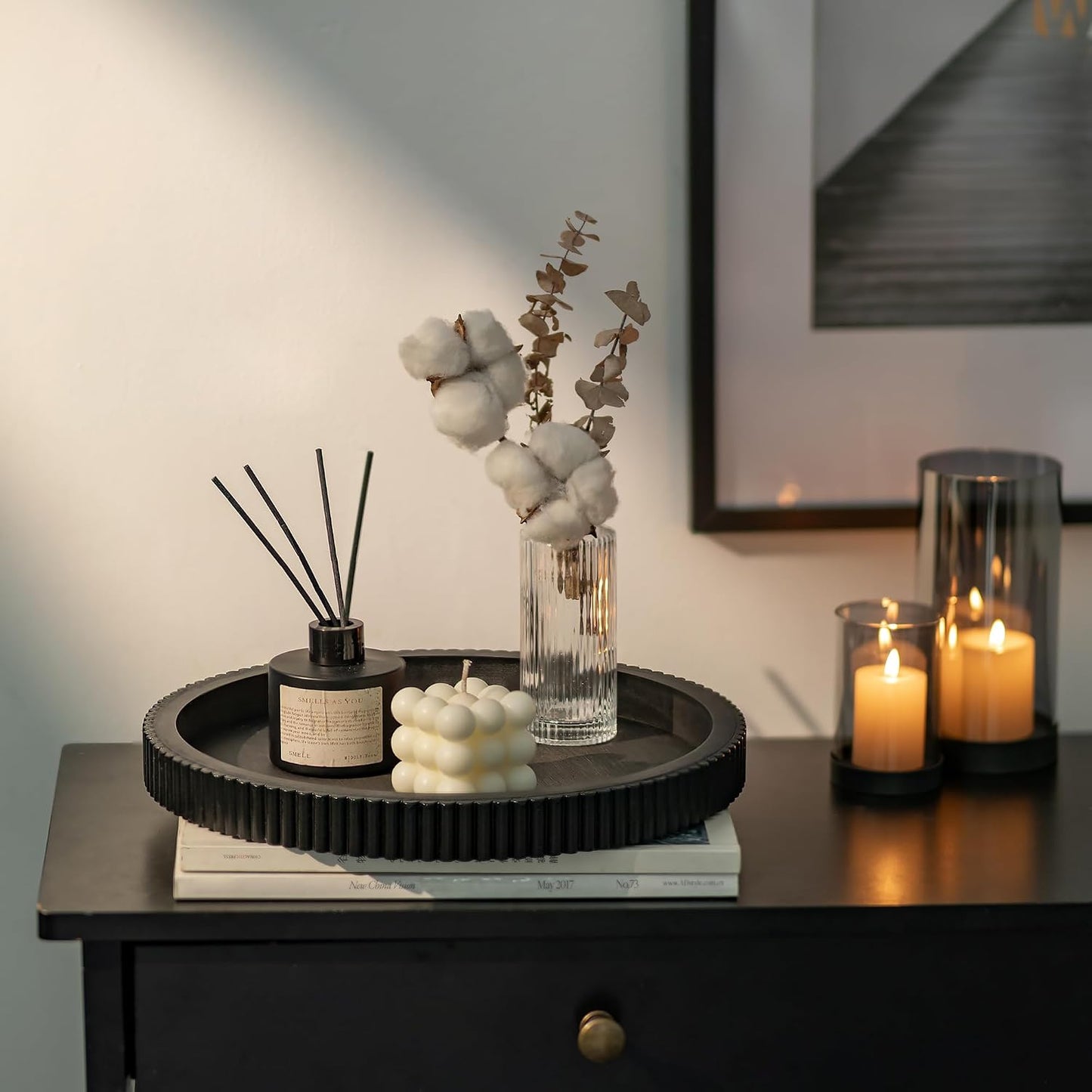 Hanobe Black Decorative Coffee Table Tray, Scalloped Edge | 12" round wood centerpiece tray, ideal for living room, entryway table, kitchen island, fits modern decor. BST326H
