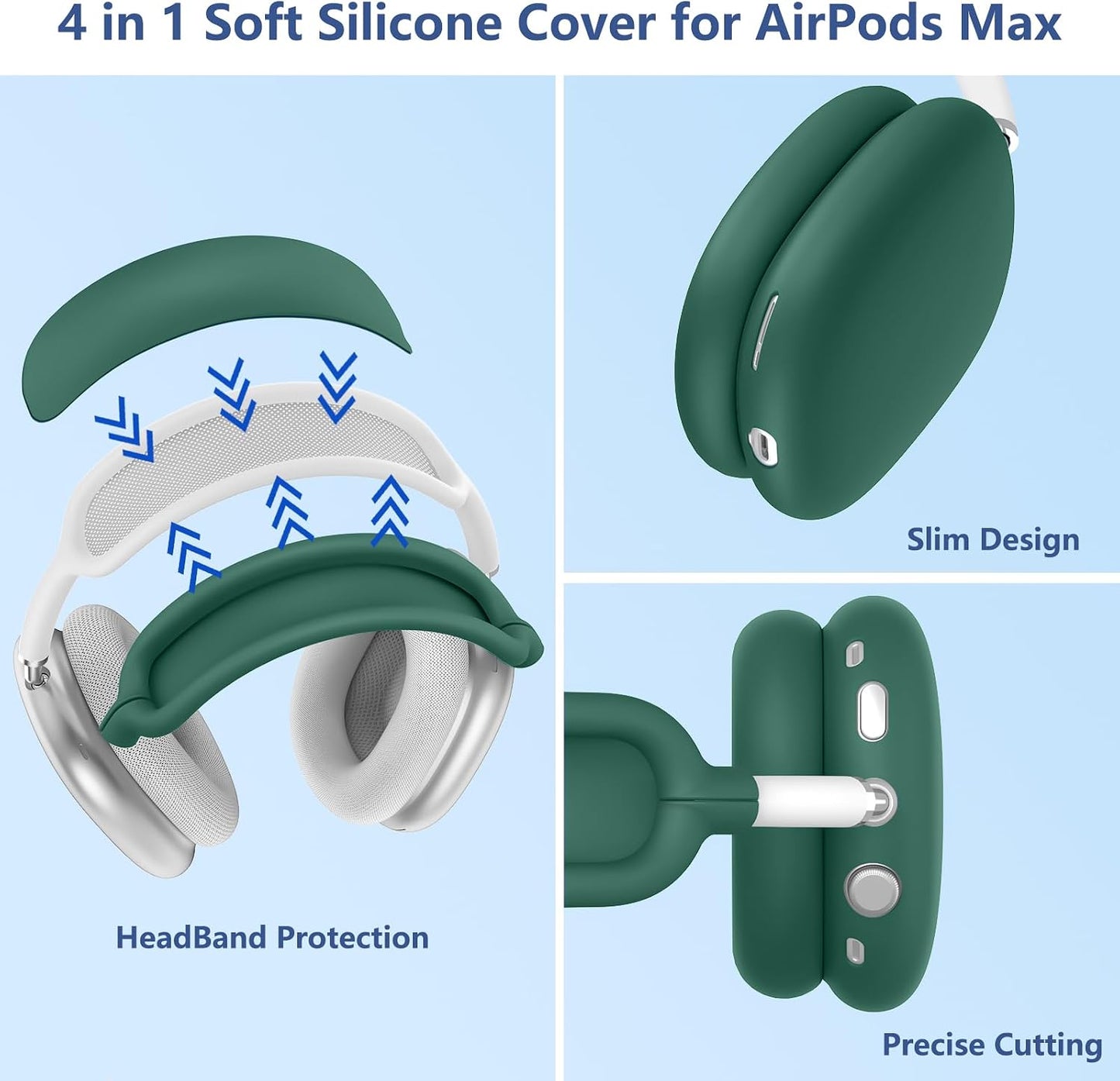 Case for Airpods Max Headphones, Ear Pad Case Cover/Ear Cups Cover/Headband Cover for AirPods Max 2 & 1 (USB-C/Lightning) (2026/2024/2020), Silicone for Apple Airpod Max 2,Accessories Cases,Deep Green WN420