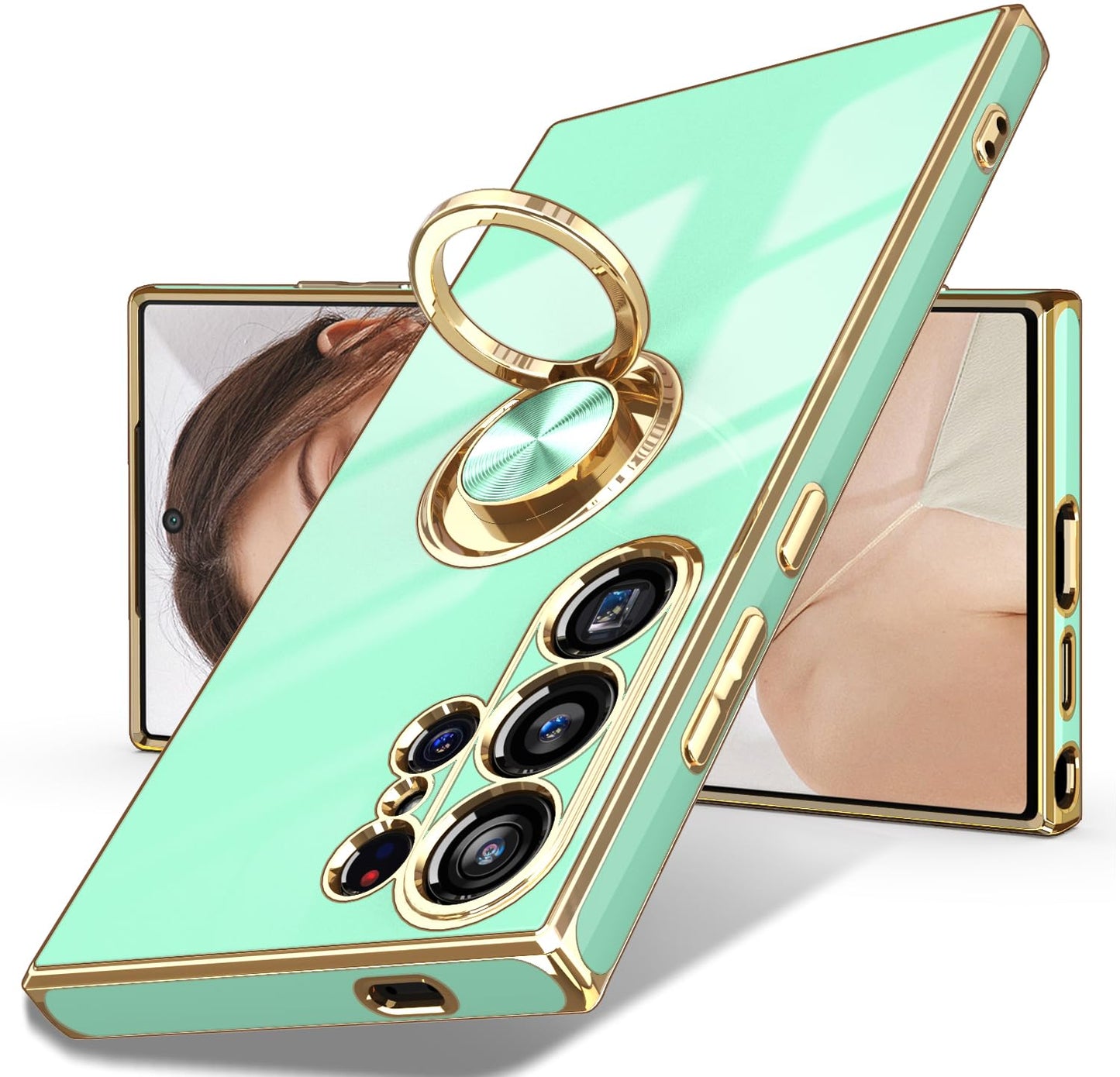 Dretal for Samsung Galaxy S25 Ultra 5G Case, 2X Screen Protector, 360°Rotatable Ring Holder Magnetic Kickstand,Plated Gold Edge Slim Soft TPU Protective Phone Cover for Galaxy S25 Ultra (Deep Purple) WN420