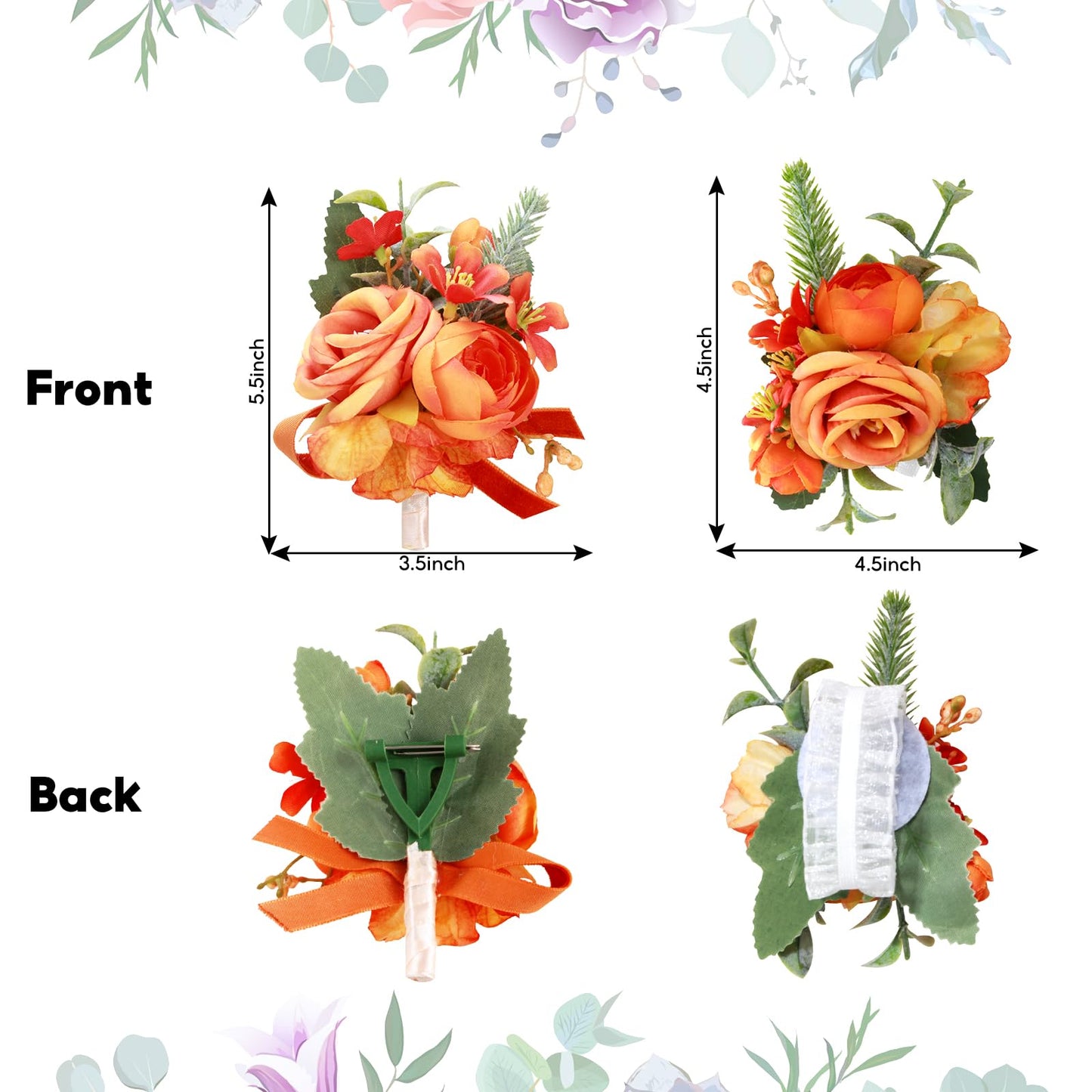 Prom Corsage And Boutonniere Set Orange – Artificial Silk Wrist Corsage & Boutonniere For Men Wedding – Groom Boutonniere For Prom, Homecoming, Courthouse Wedding, White Rose Corsage Wristlet Gift Set BST202