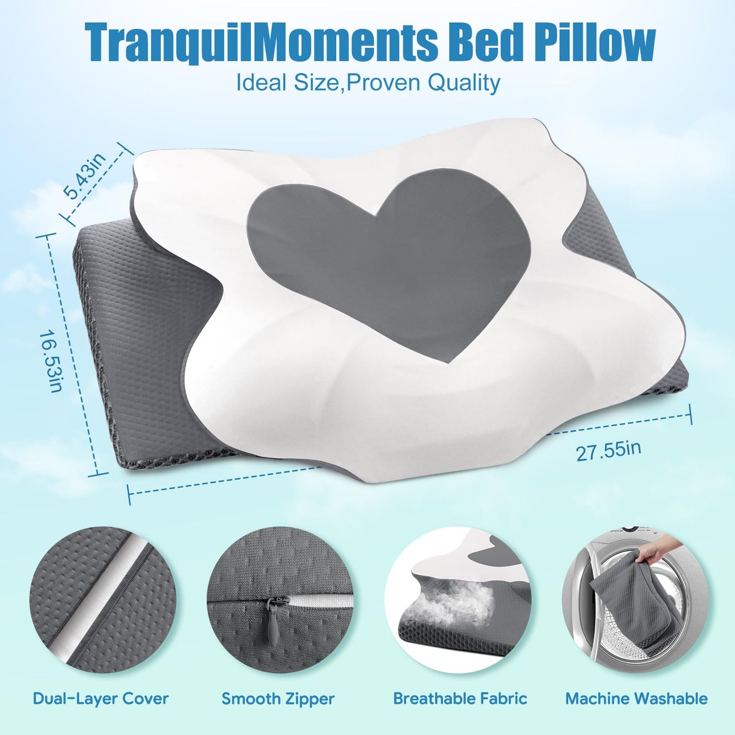 Cervical Neck Pillow for Sleeping, Memory Foam Pillow for Neck Support, Ergonomic Pillow for Pain Relief, Contour Bed Pillow for Side Back Stomach Sleepers, Grey, Queen Size BST220