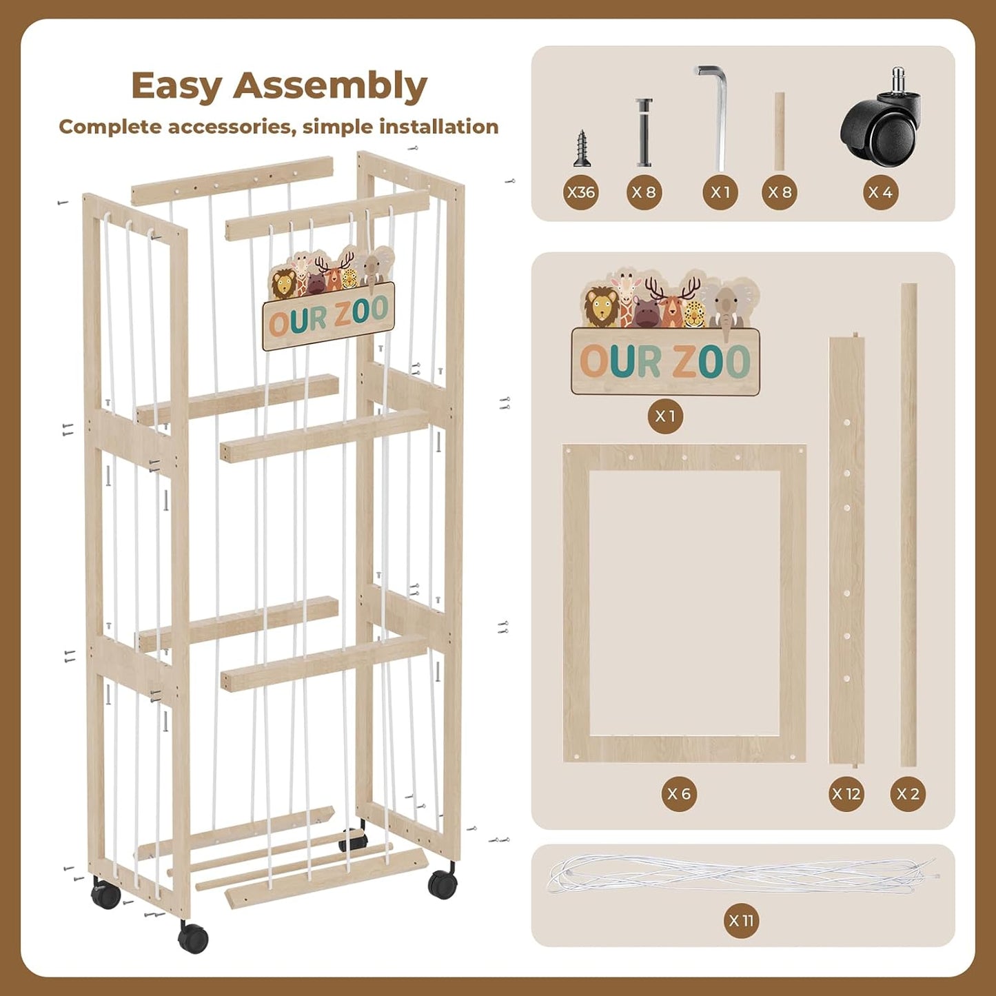 Stuffed Animal Zoo Storage with Wheels, Mobile Wooden Toy Organizer Cage with Elastic Band, Easy Assembly Large Capacity for Nursery Playroom Bedroom BST326H
