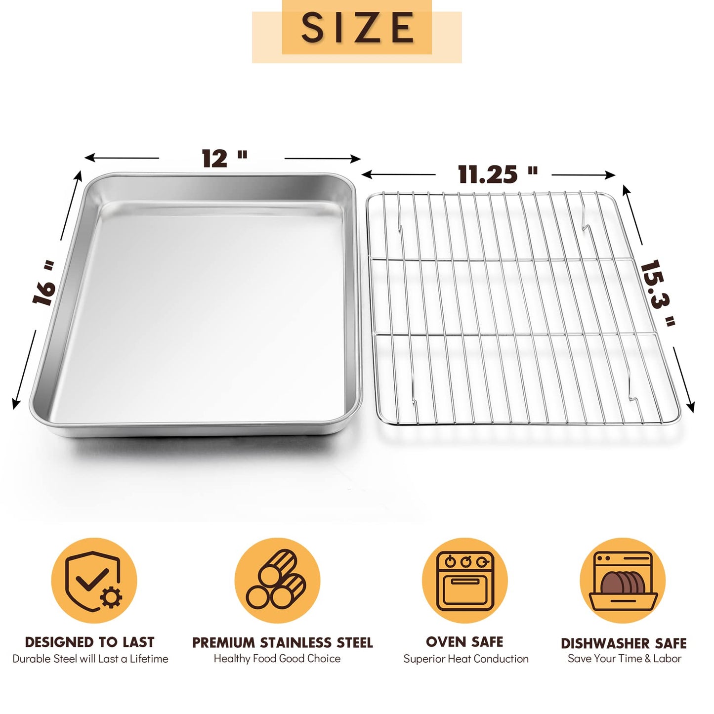 E-far Cookie Sheet with Rack Set, Half Sheet Baking Pan for Oven Cooking, 18”x13” Stainless Steel Rimmed Tray with Wire Cooling Rack for Roasting Broiling Bacon Meat Steak - Dishwasher Safe BST220
