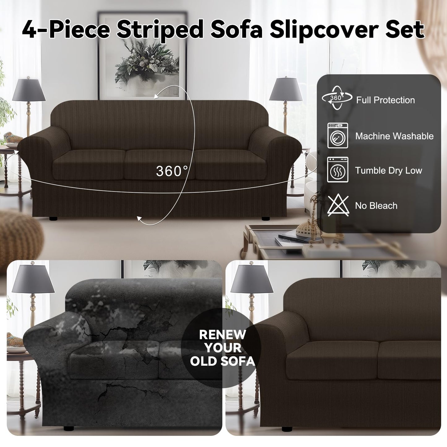 Waterproof Chair Cover with Arms 2-Piece Set Striped Slipcover for 1 Separate T Cushion Couch - TPU Fabric Armchair Covers Leakproof Couch Protector for Kids, Pets(Chair, Beige) BST220