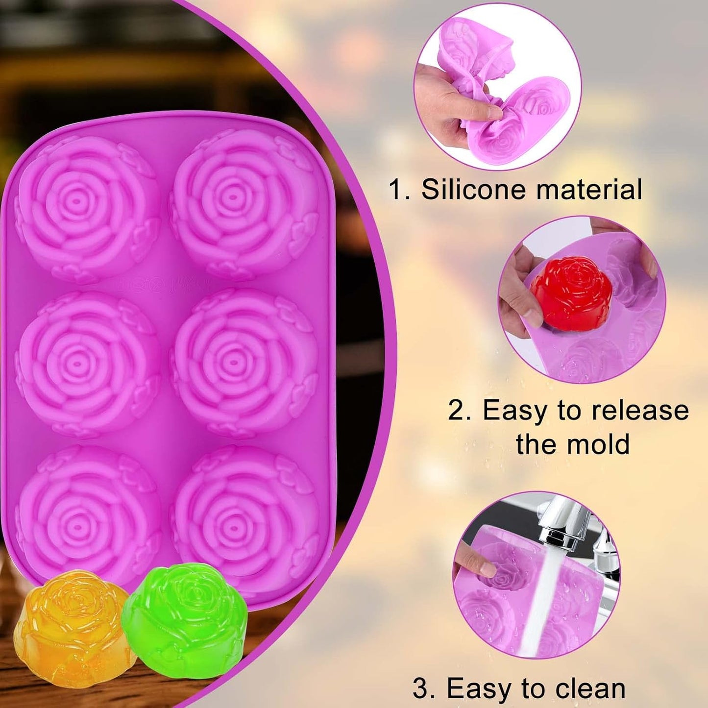 Vodolo Rose Ice Cube Mold,4 PCS Silicone Rose Ice Cube Tray,Valentine Day Gift Flower Shaped Molds for Chocolate,Candy,Mimosas,Cake,Cocktails,Baking BST202