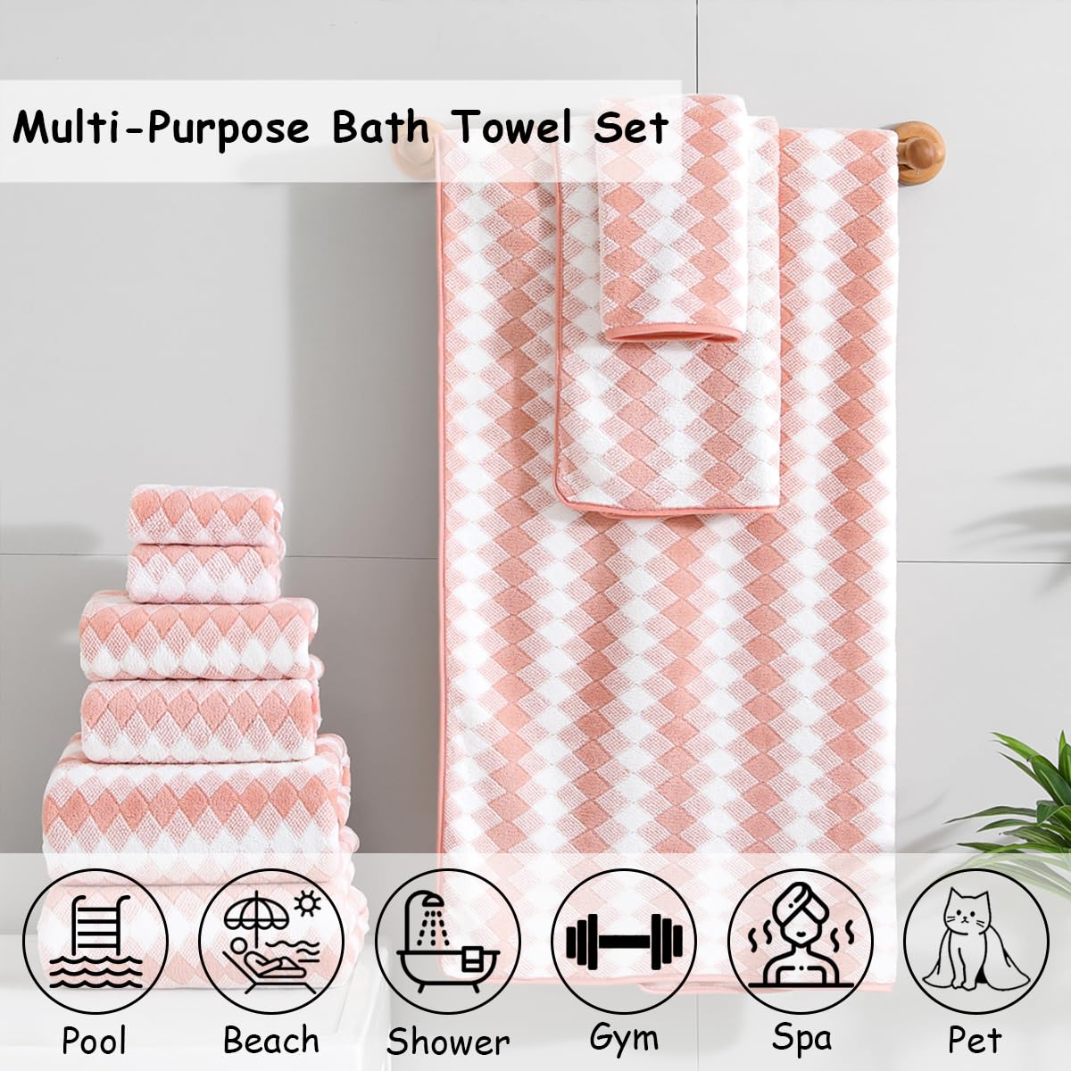 12 Pcs Light Gray Diamond Towel Set-4 Bath Towels,4 Hand Towels,4 Washcloths Soft Polyester Towels with Loop Absorbent Shower Towel Quick Dry Beach Chair Towel Family Towels for Bathroom Spa Gym Pool BST220