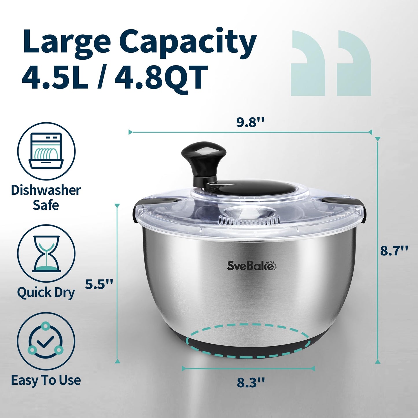 Stainless Steel Salad Spinner, 4.8 Qt Vegetable Washer, BPA-Free Lettuce Dryer with Crank Design, Easy Clean, Non-Slip Base - Transparent Lid BST220
