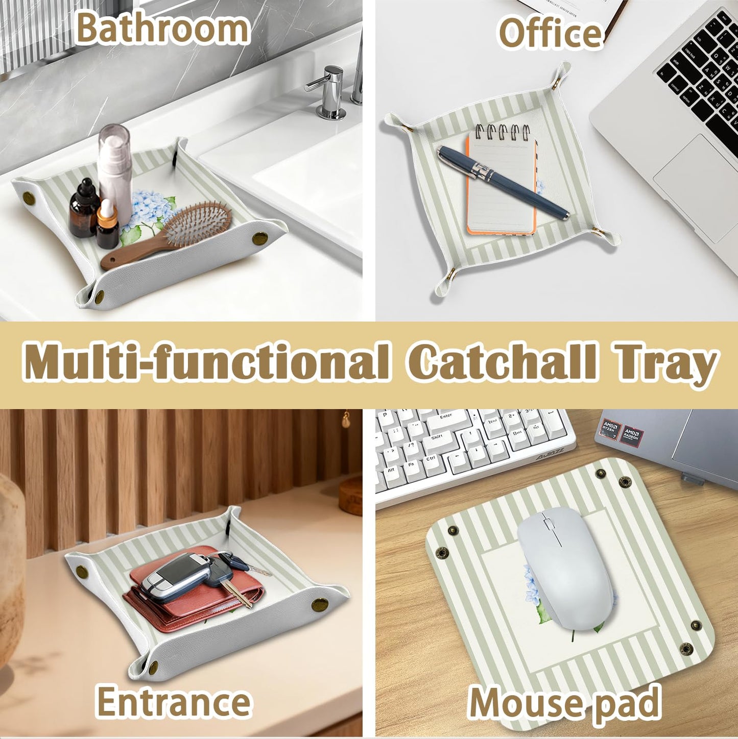 Marble Jewelry Valet Tray for Women Men, Black and Gold Marble PU Leather Catchall Beside Caddy Nightstand Organizer Tray for Jewelry Rings Watches Keys and Accessories, 7.87x7.87in BST220