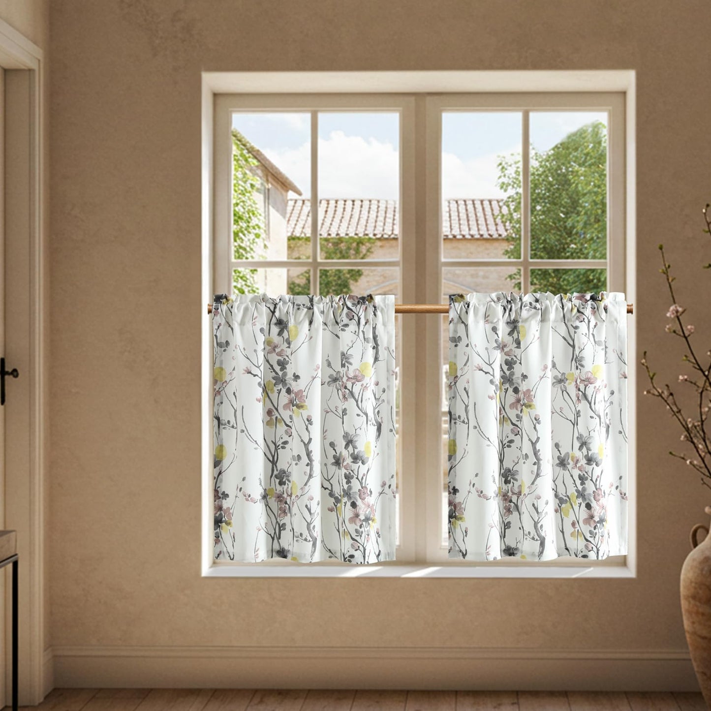 Leeva Farmhouse Kitchen Valances for Windows, Watercolor Blossoming Floral Print Curtains, Soft Faux Linen Curtain Toppers and Valances for Bedroom, 60 x 14 Inch, Brown & Grey, 1 Panel BST220