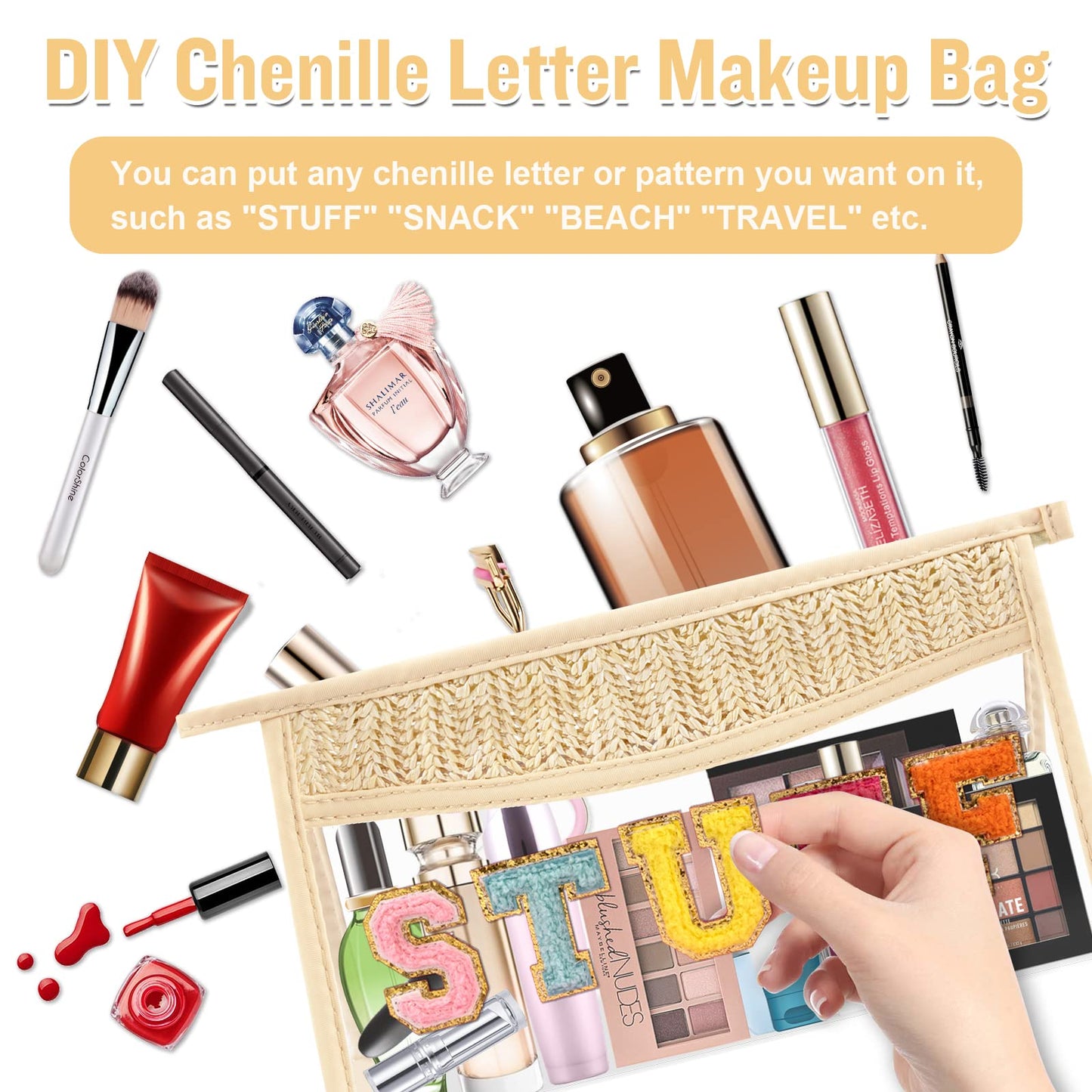Boho Clear Makeup Bag Cosmetic Zipper Pouch Purse, Clear Toiletry Bags Travel Small Preppy Cute DIY Chenille Letter Bag, Transparent PVC Waterproof Clutch Make Up Organizer Storage Bag for Women Girls BST220