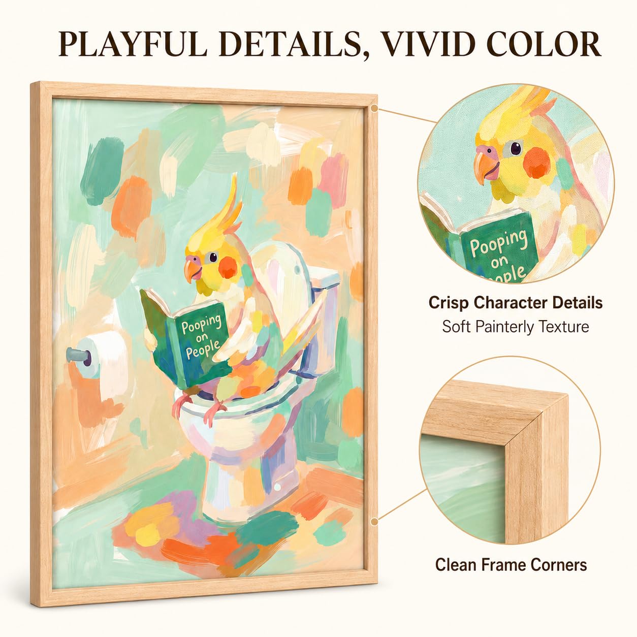 Framed Funny Parrot Bathroom Wall Art Cute Cockatiel Whimsical Canvas Print | Cute Bird Painting Natural Wood Frame Whimsical Animal Picture Playful Wall Decor for Bathroom Kids Room Nursery12x16Inche BST326H