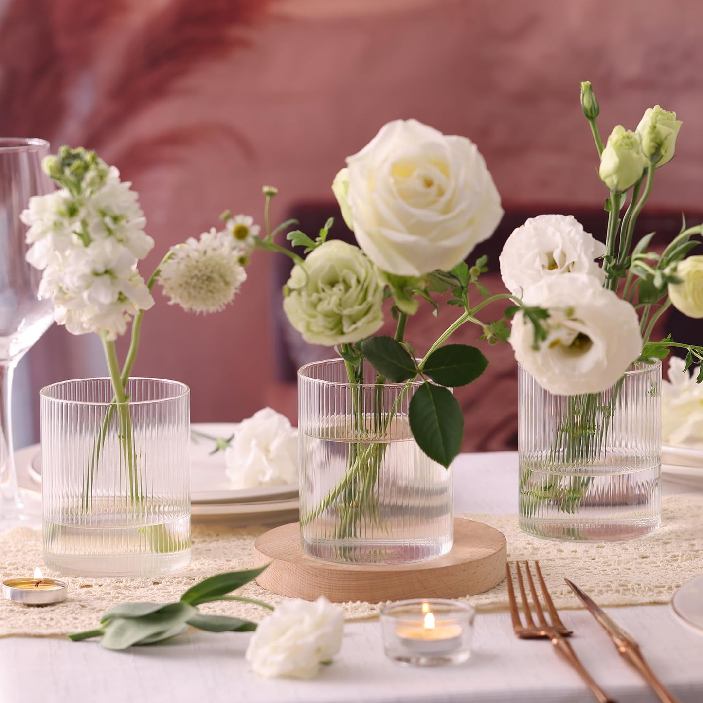 Glass Ribbed Cylinder Vases, 8 Inch Tall, Clear, Pack of 3 | Flower Vases in Bulk, Hurricane Floating Candle Vases, For Party Home Decor BST326H