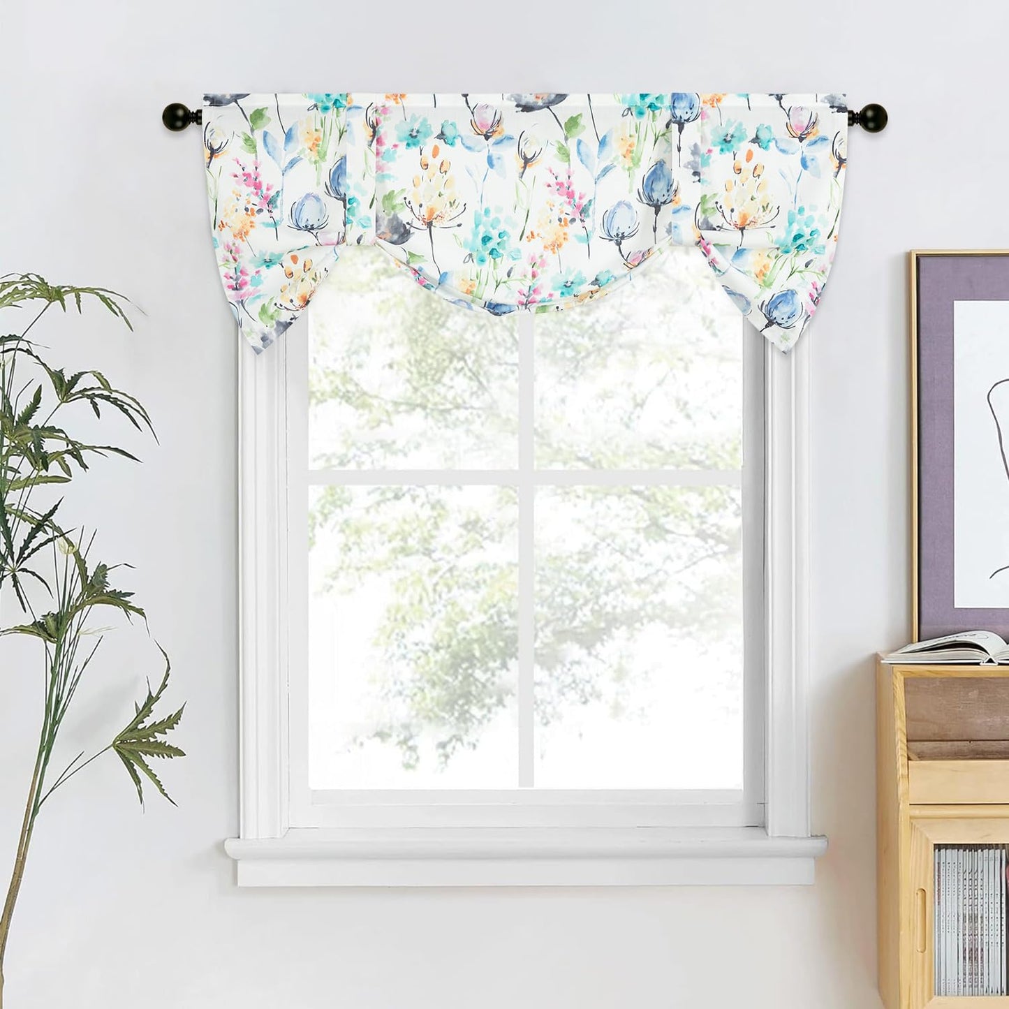 Leeva Farmhouse Kitchen Valances for Windows, Watercolor Blossoming Floral Print Curtains, Soft Faux Linen Curtain Toppers and Valances for Bedroom, 60 x 14 Inch, Brown & Grey, 1 Panel BST220