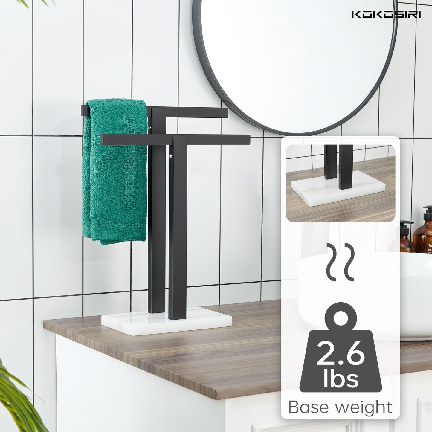 KOKOSIRI Hand Towel Holder Black Stand Towel Rack with Marble Base for Bathroom Kitchen Vanity Countertop, Stainless Steel 15.7'' Height THS0002-SM-BK BST202