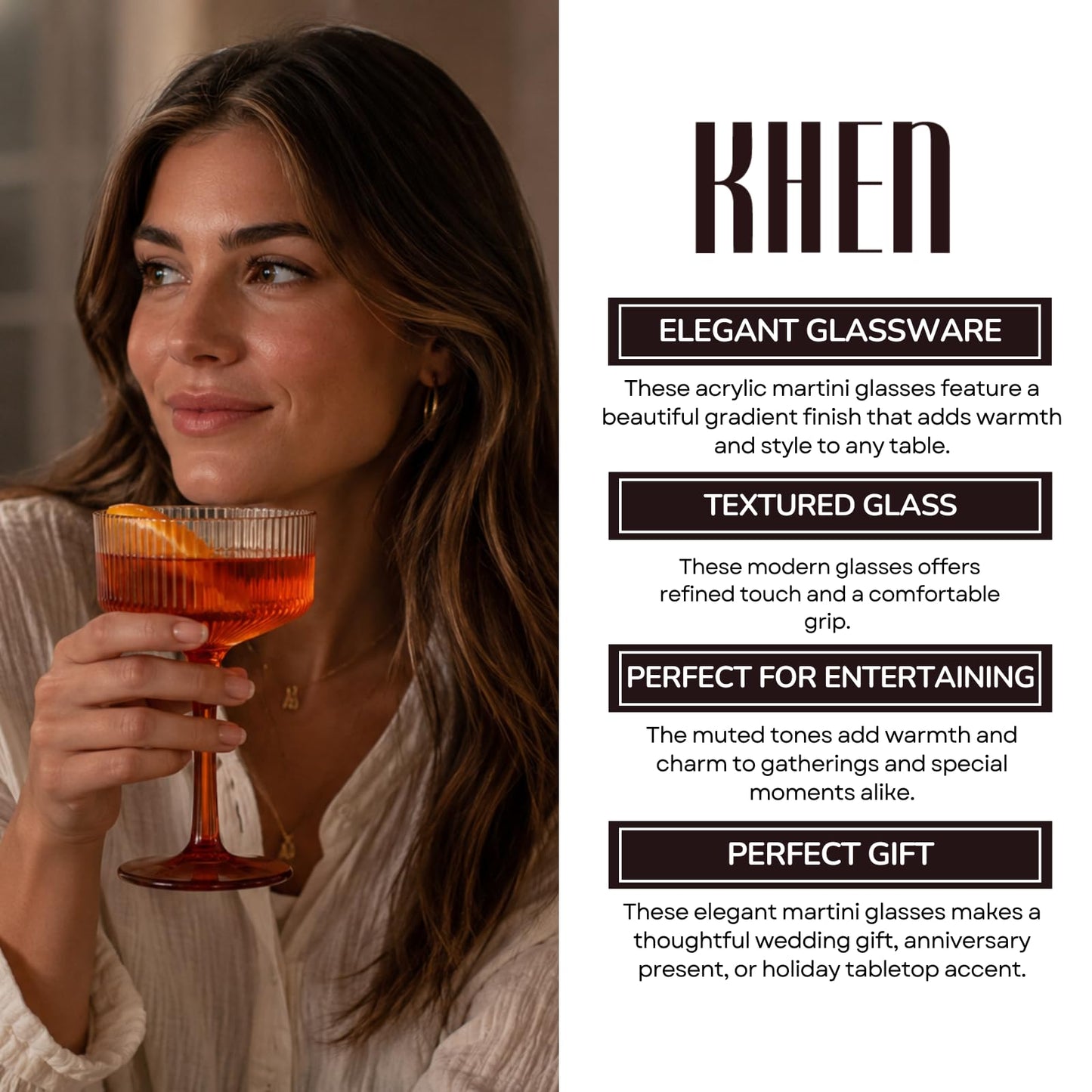 Khen Pink Peach Acrylic Ribbed Coupe Martini Champagne Cocktail Glasses, Set of 4, 8 oz Shatterproof Ripple Stemware European Style Reusable Drinkware Goblets, Indoor Outdoor Parties Weddings Bar Gift BST220