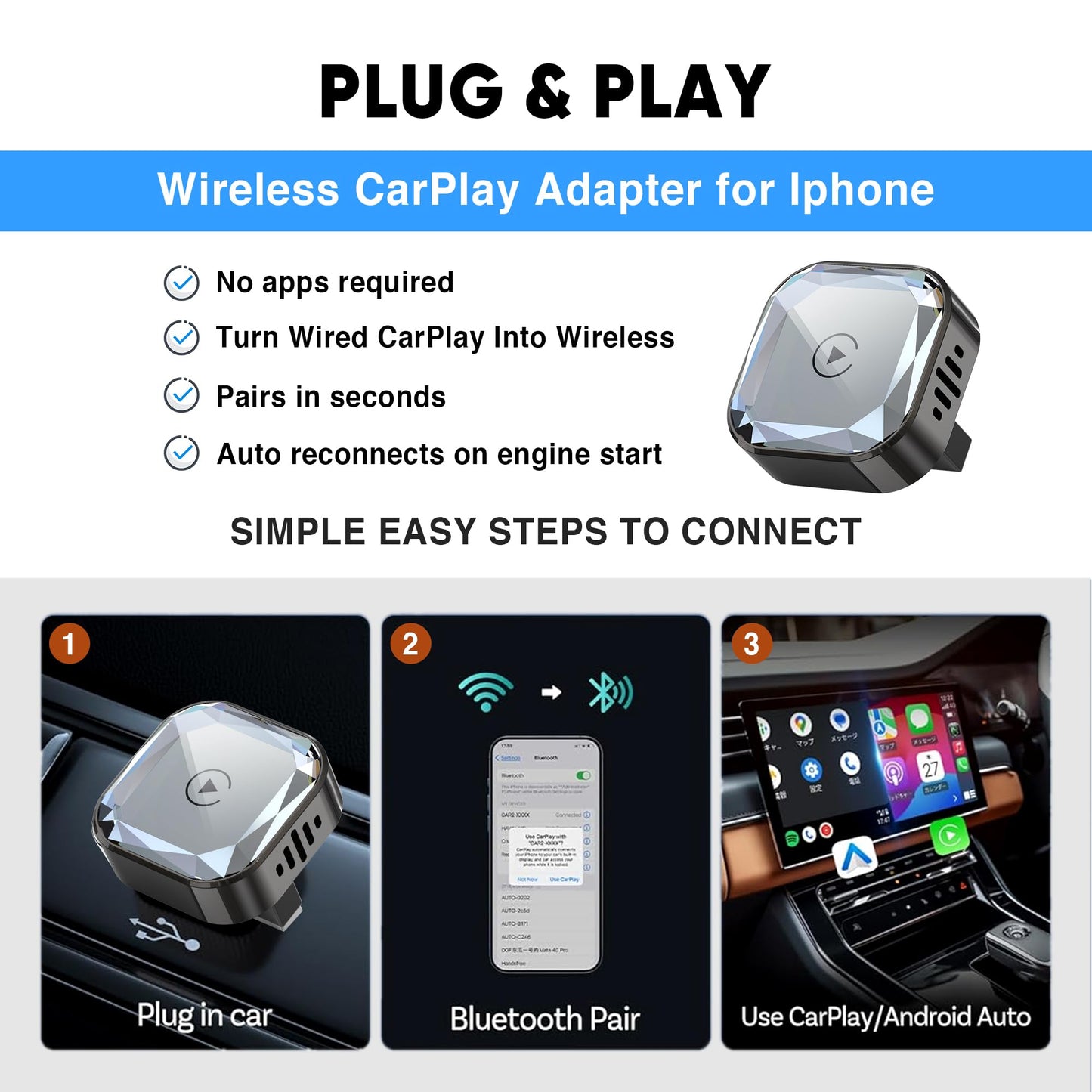 Wireless CarPlay Adapter 2026 Upgraded – 2-in-1 Suitable for Apple iPhone & Android, with Compact Size Plug-and-Play Convenience, and Fast Stable Connection for CarPlay & Android Applications (Sliver)