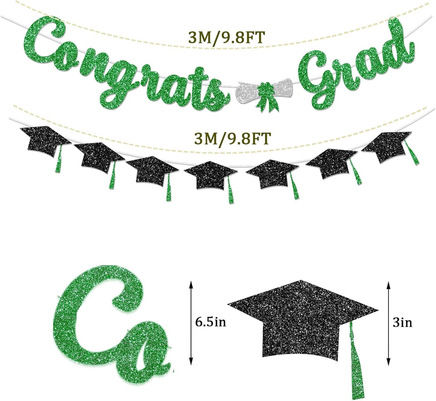 Glitter Green Congrats Grad Decorations Banner Pre-Strung Graduation Decorations Class of 2026 Banner Green and Black Congrats Grad with Tassel Decor College High School Graduation Party Favors no DIY BST220