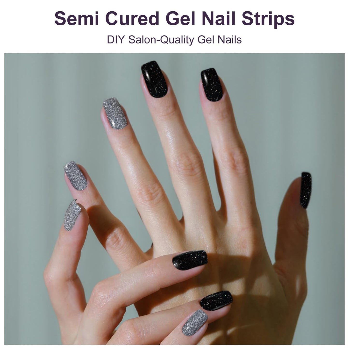 Semi Cured Gel Nail Strips, 56Pcs Nail Art Stickers/Wraps, Long Lasting UV Nail Polish Strips for Adults (Silver Rhinestones+French Tip Glitter) BST220