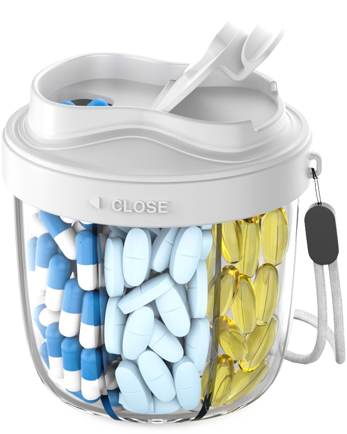 Cute Pill Organizer,Pill Dispenser with 7 Large Compartments,Portable Pill Bottle Box with Wide Opening for Easy Use, Anti-Mix Pills Organizer for Travel,Includes 20 Pcs Sticky Labels(Black) WN420