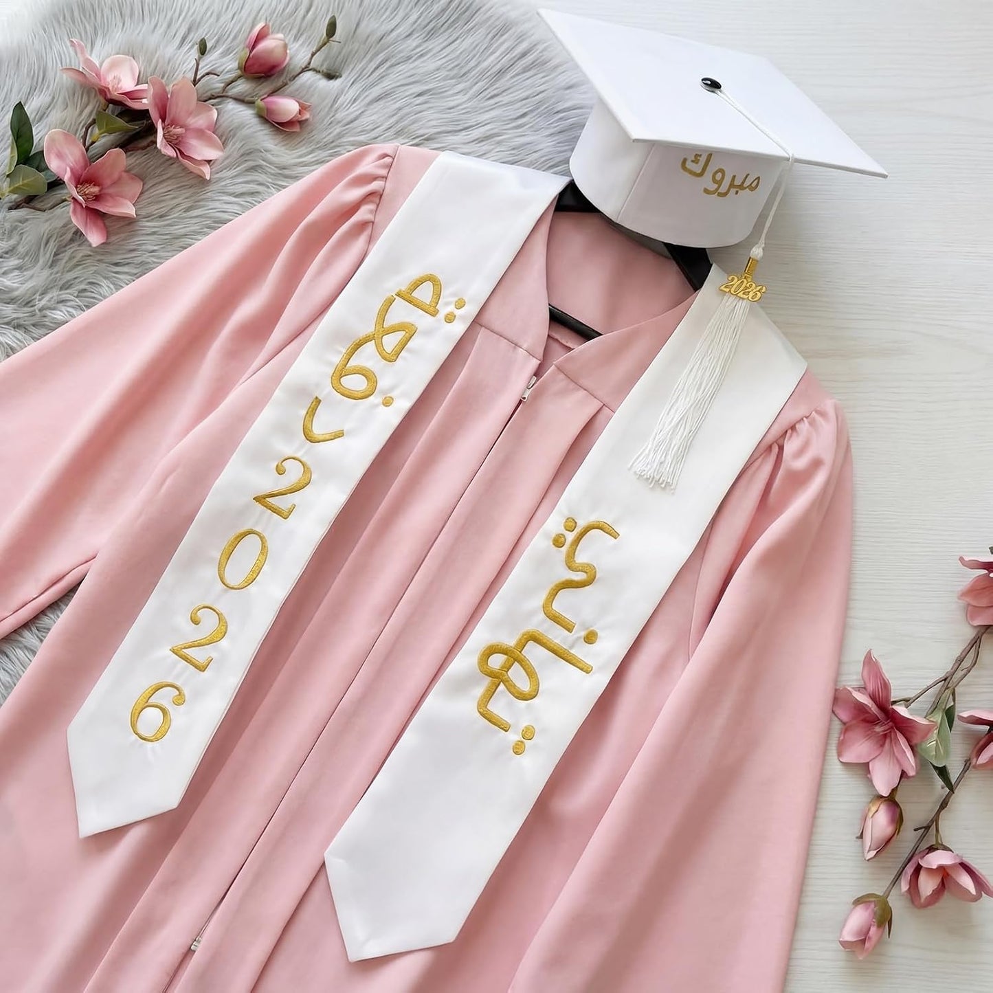 Dunzoom 2026 Arab Countries Graduation Cap and Stole Sash Set Saudi Arabia United Arab Emirates Egypt Embroidery Grad Hat Sash with Charm Tassel Class of 2026 for America International Student WN420