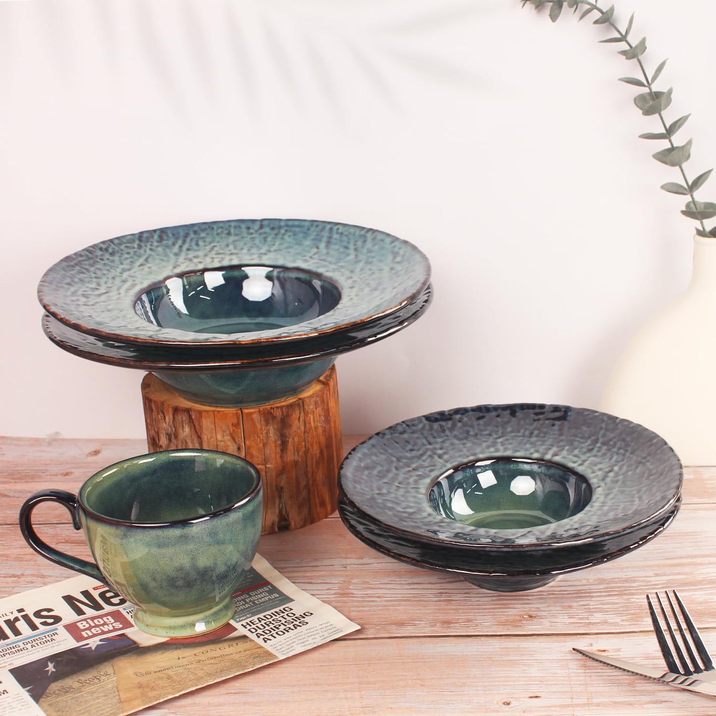 Ceramic Rimmed Soup Plate, Soup Bowl 6.4 oz, Pasta Bowl Set of 4, Shallow Bowl Plate with Rim, Best choice for high-end restaurants, hotels, and foodies, Teal reactive glaze, 9.3 Inch BST202