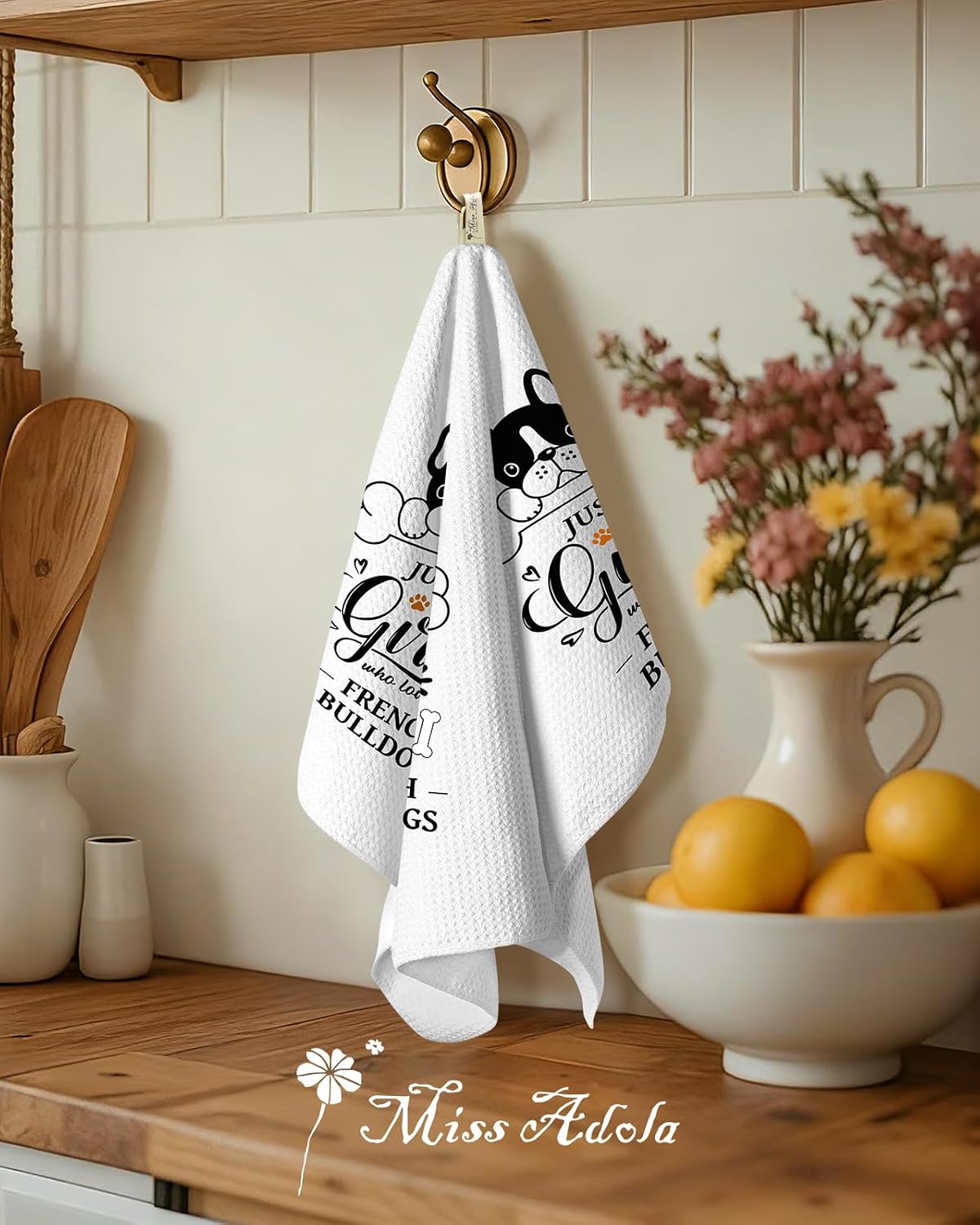 Miss Adola Dog Funny Kitchen Towels - 15x28 Inch Decorative Waffle Microfiber Dish Cloths Cute Absorbent Reusable Hand Tea Towels with Hanging Loop French Bulldog Gift for Dog Lovers WN420