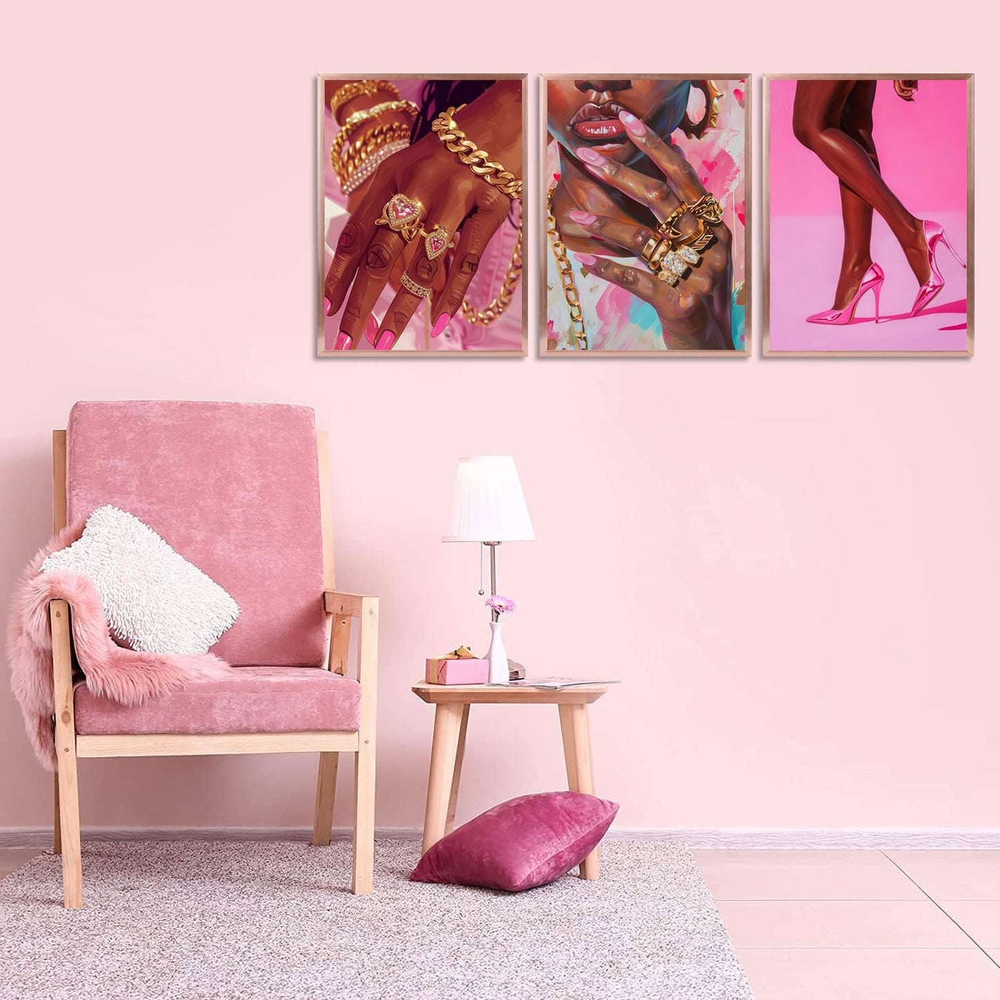 3Pcs Pink Fashion Black Girl Canvas Wall Art African American Black Woman Wall Decor Pictures Gorgeous Black Girl Posters Prints for Living Room Bedroom Artwork Home Decoration Unframed BST326H